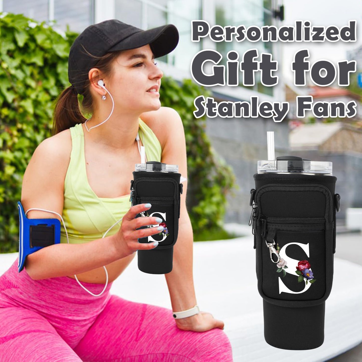 Water Bottle Carrier Bag with Strap Pouch for Stanley 40 oz Tumbler Cup Accessories, Neoprene Water Bottle Holder Phone Pocket Personalized Initial A-Z Flower Design Mother's Day Gift (S, Black)