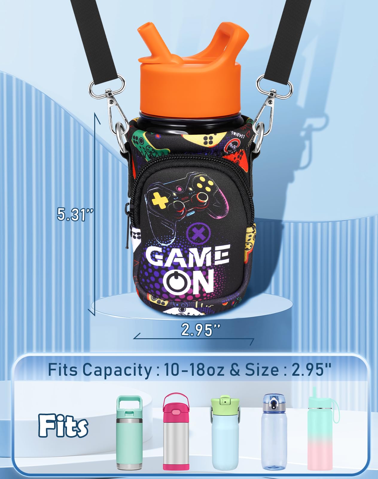 Miss Adola Water Bottle Carrier with Strap Cartoon Water Bottle Bags Holder for Kids Boys Girls Neoprene Insulated Bottle Bag for 10/12/14/16/18Oz Stainless Steel Glass Bottles Sleeve, Black Game On