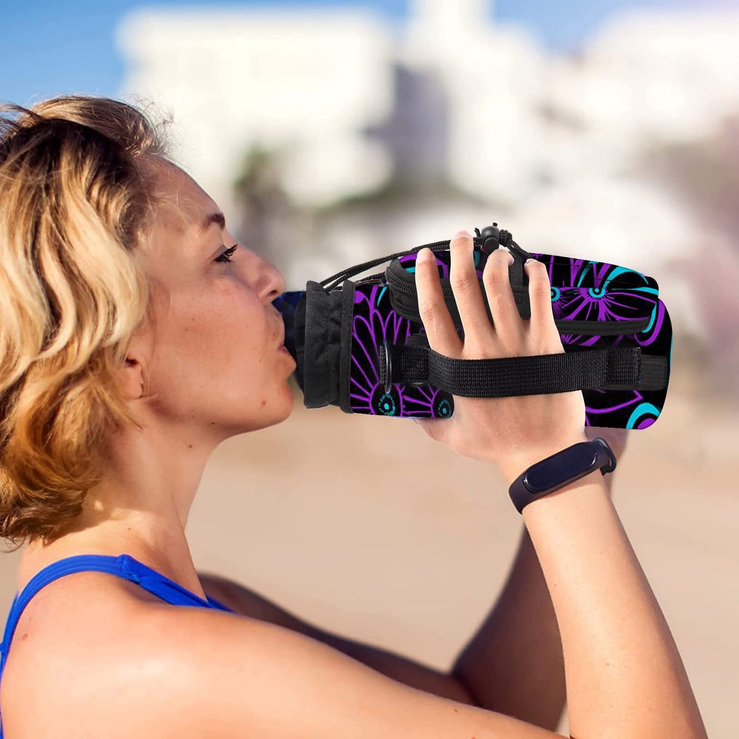 AUPET Water Bottle Holder Sling Carrier Bag Sleeve 25/32/40/64 oz,Insulated Crossbody Water Bottle Case Cover with Strap and Pockets for Men/Women Walking Hiking Camping (25oz,purple flower)