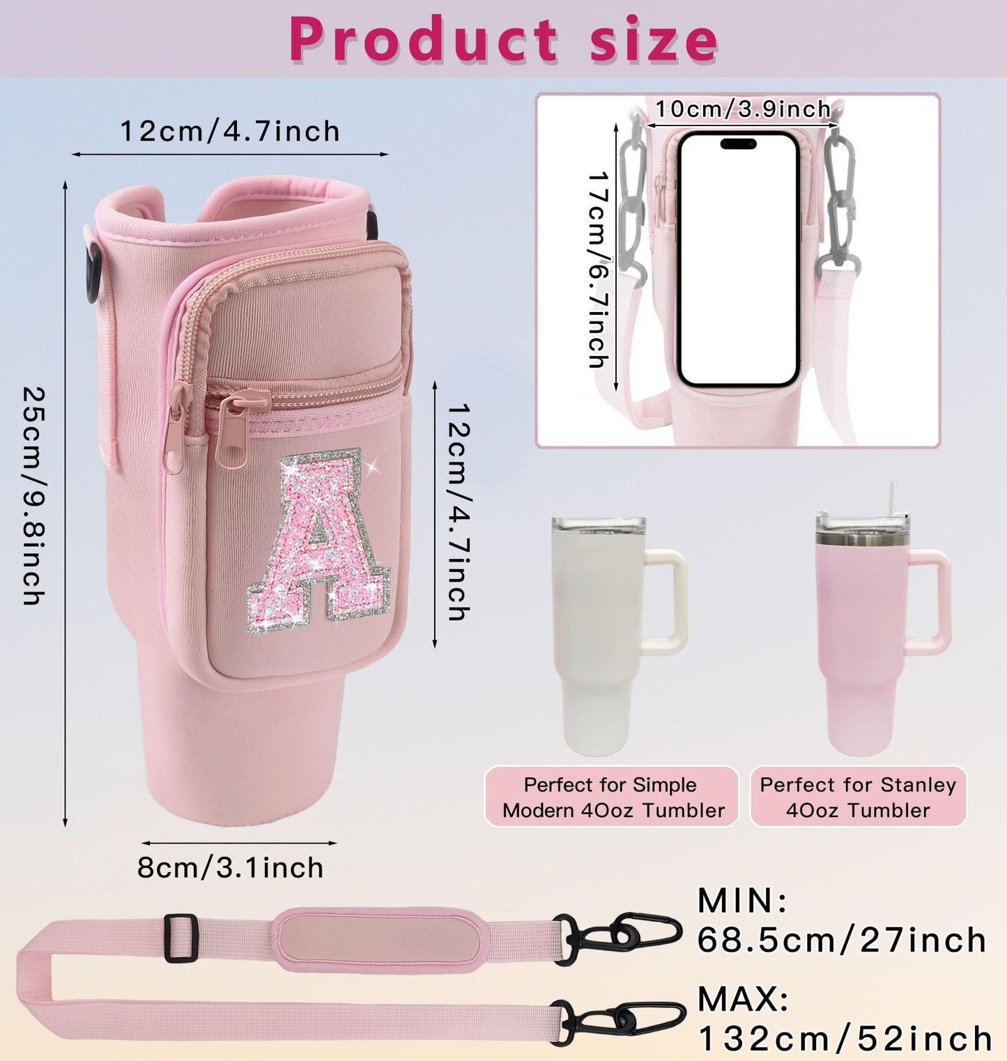 Aganmi Initial Water Bottle Carrier Bag with Phone Pocket for Stanley 40Oz Cup Accessories,Water Bottle Holder with Shoulder Strap Mothers Day Birthday Gifts for Women Mom Teacher Friend(Pink S)