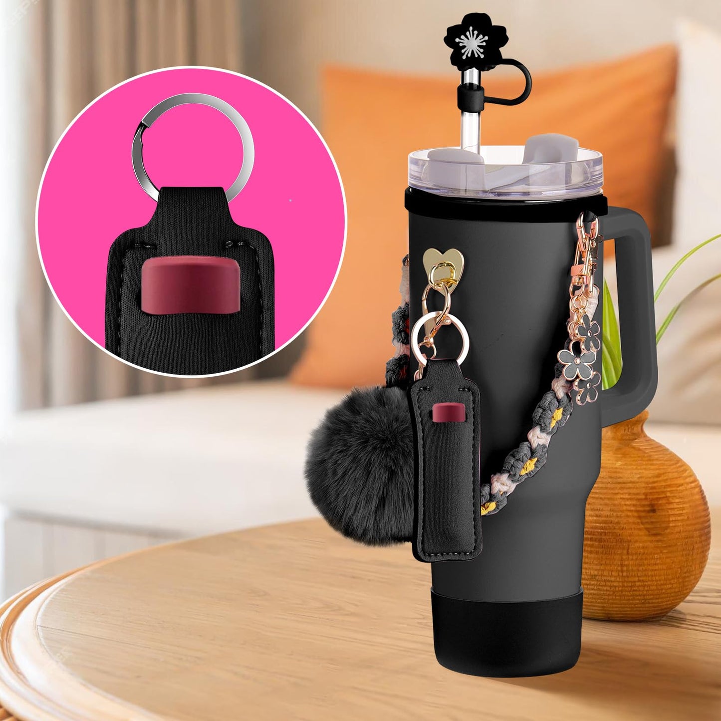 Mity rain 8PCS Cup Accessories for Stanley Cup 30oz 40oz Tumbler with Handle, Including Water Bottle Handle Strap, Chapstick Holder, Boot, Keychain Charms, Straw Topper Cover Cap for Stanley (Black)