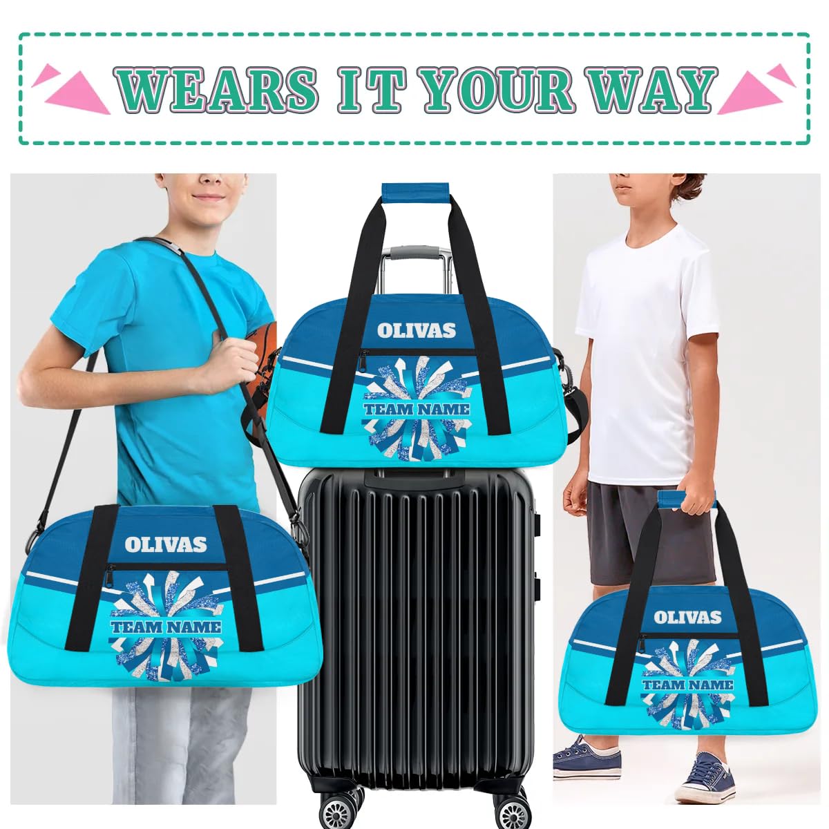 Personalized Cheerleader Bag Dance Bag for Girl, Custom Team Bag Gym Bag Sport Duffel Bag, Weekender Bags Travel Bag for Cheer Team Blue Sliver Cheer