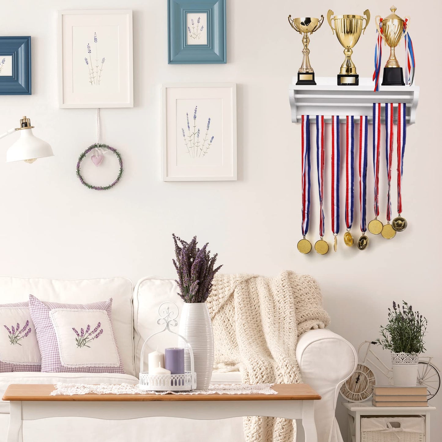 Pllieay Wooden Medal Hanger Display, Trophy Shelf, White Medal Hanger Display with Shelf, Medal Holder, Medal Rack, Race Medal Trophy Display Shelf for Showing Your Hard-Earned Achievements