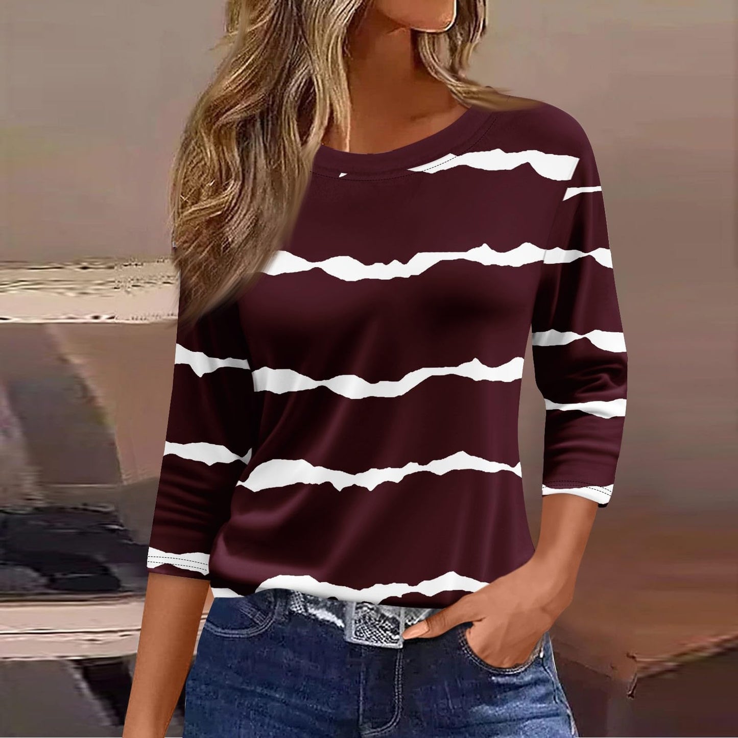 Tshirts Shirts for Women Crewneck 3/4 Sleeve Business Casual Tops for Women Striped Print Tees Summer Blouses Going Out Tops Wine M