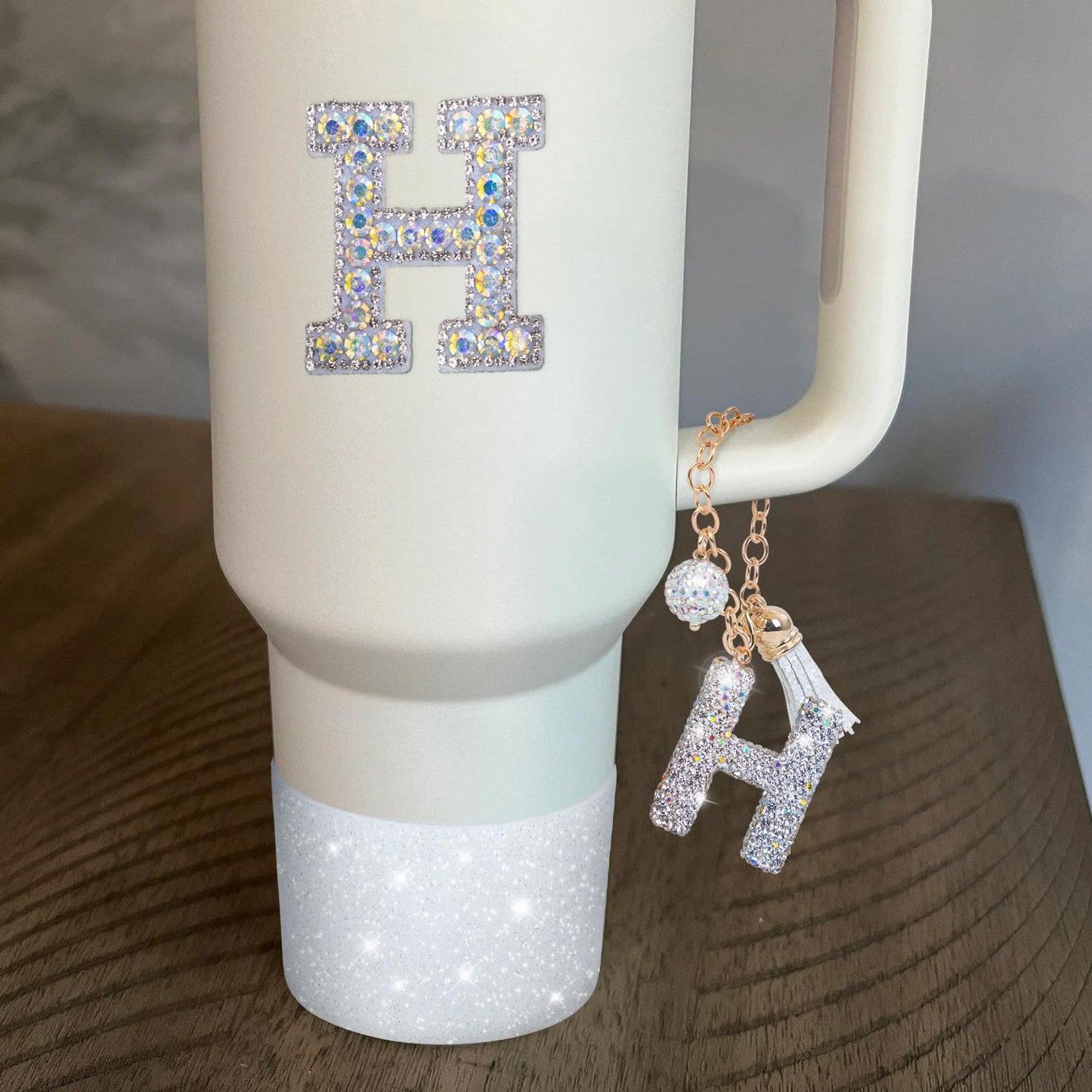 Letter Charms for Stanley Cup Handle,Silicone Boot Accessories Charms for Stanley Cup 40oz 30oz,Crown Straw Cover Topper & Diamond Sticker(H)