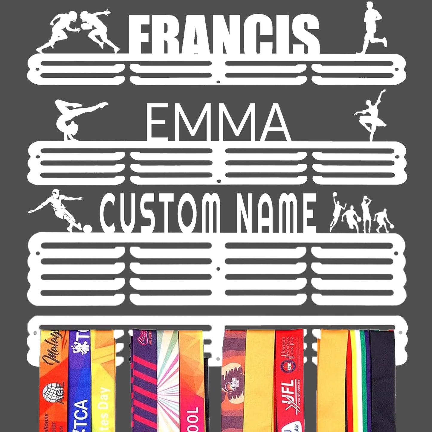 Personalized Medal Holder with Name Display Rack - Premium Metal Sports Race Plaques Hanger for Wall Mount, Holds Up to 60 Medals, for Athletes,White