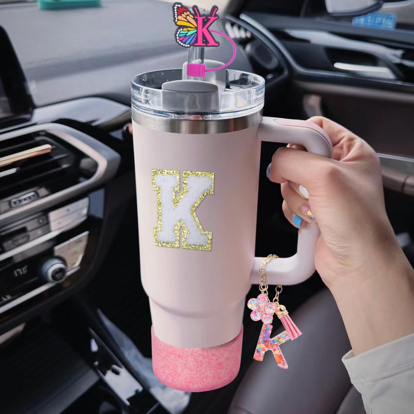 LA KEN DU Use for Stanley Cup Accessories Charms 40oz 30oz,Compatible with Stanley Cup Letter Charms for Handle Silicone Boot,Straw Cover Topper & Sticker(K)