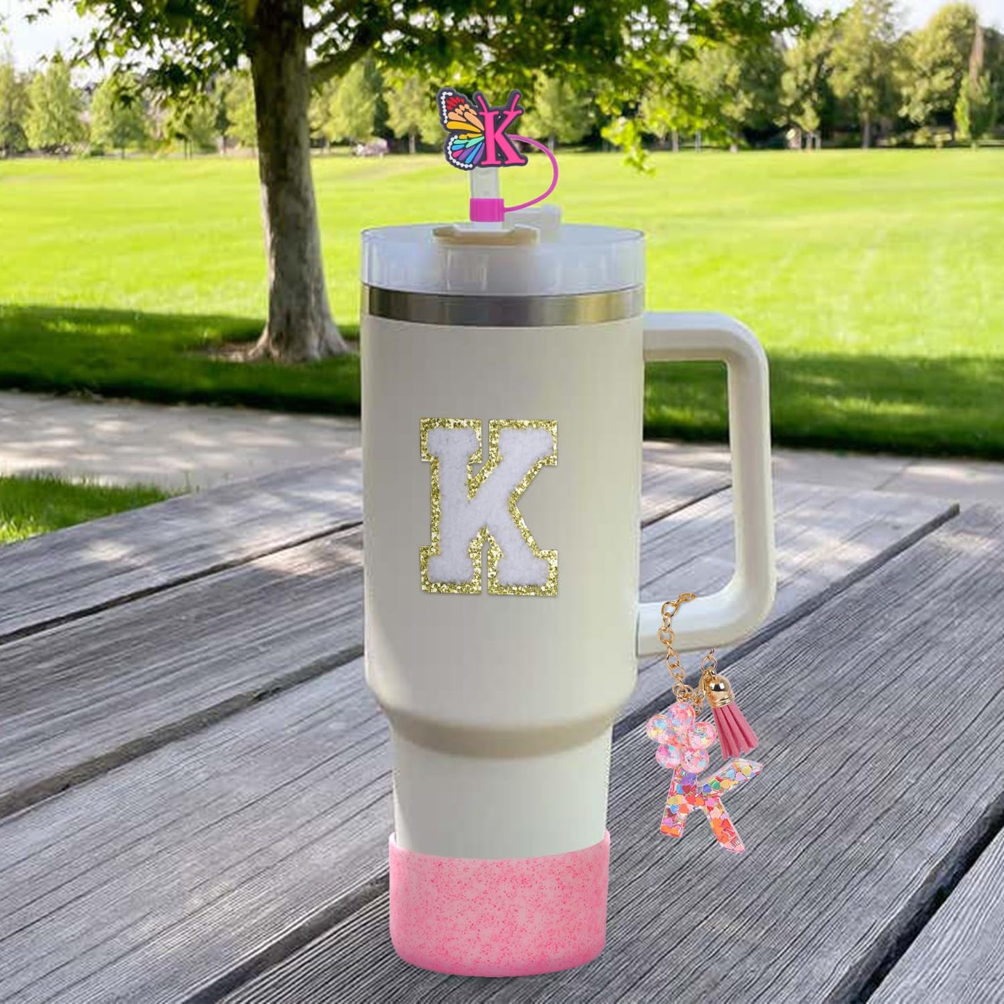 LA KEN DU Use for Stanley Cup Accessories Charms 40oz 30oz,Compatible with Stanley Cup Letter Charms for Handle Silicone Boot,Straw Cover Topper & Sticker(K)