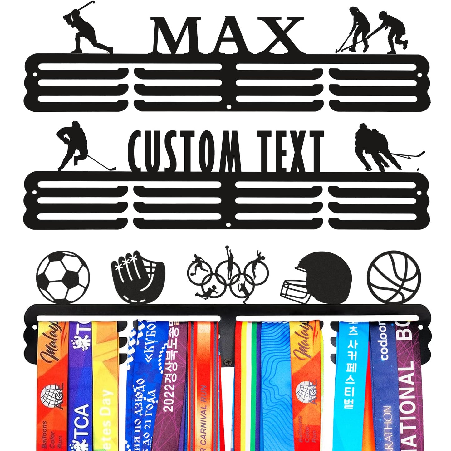 Goutoports Personalized Hockey Medal Hanger with Name Sport Medal Holder Display Rack for Awards Ribbons - Custom Metal Holder - Holds Up to 60 Medals - Perfect Birthday for Athlete Boys Girls