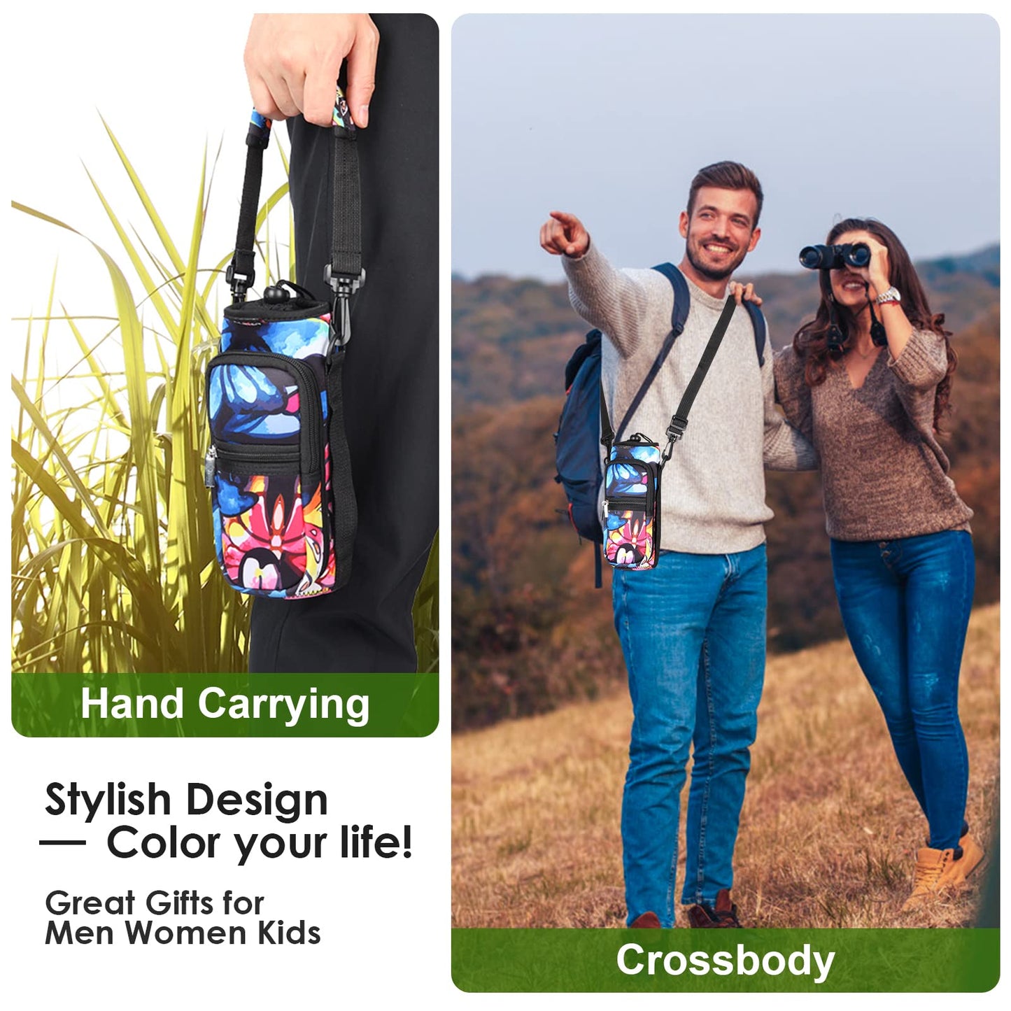 AUPET Water Bottle Sling Bag Sleeve Holder Carrier 25/32/40/64 oz,Insulated Crossbody Water Bottle Case Cover with Strap and Pockets for Men/Women Walking Hiking Camping (25oz, colorful butterfly)