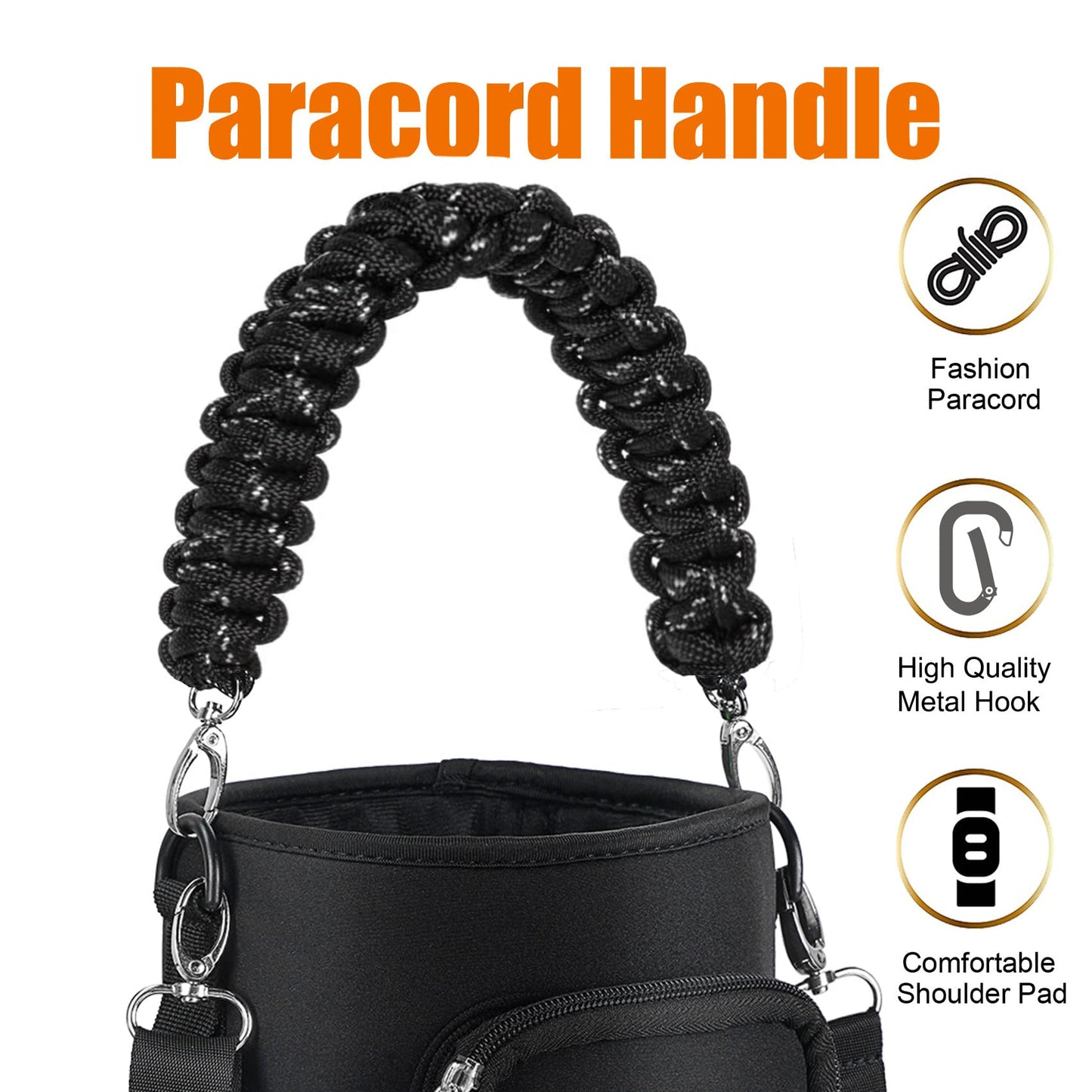AceTreker 64 oz /87 oz/128 oz Neoprene Water Bottle Sleeve for Insulated Metal Water Jug Bottles, Carrier Sling Bag with Adjustable Shoulder Strap & Paracord Handle and 2 Pocket for Walking-Black