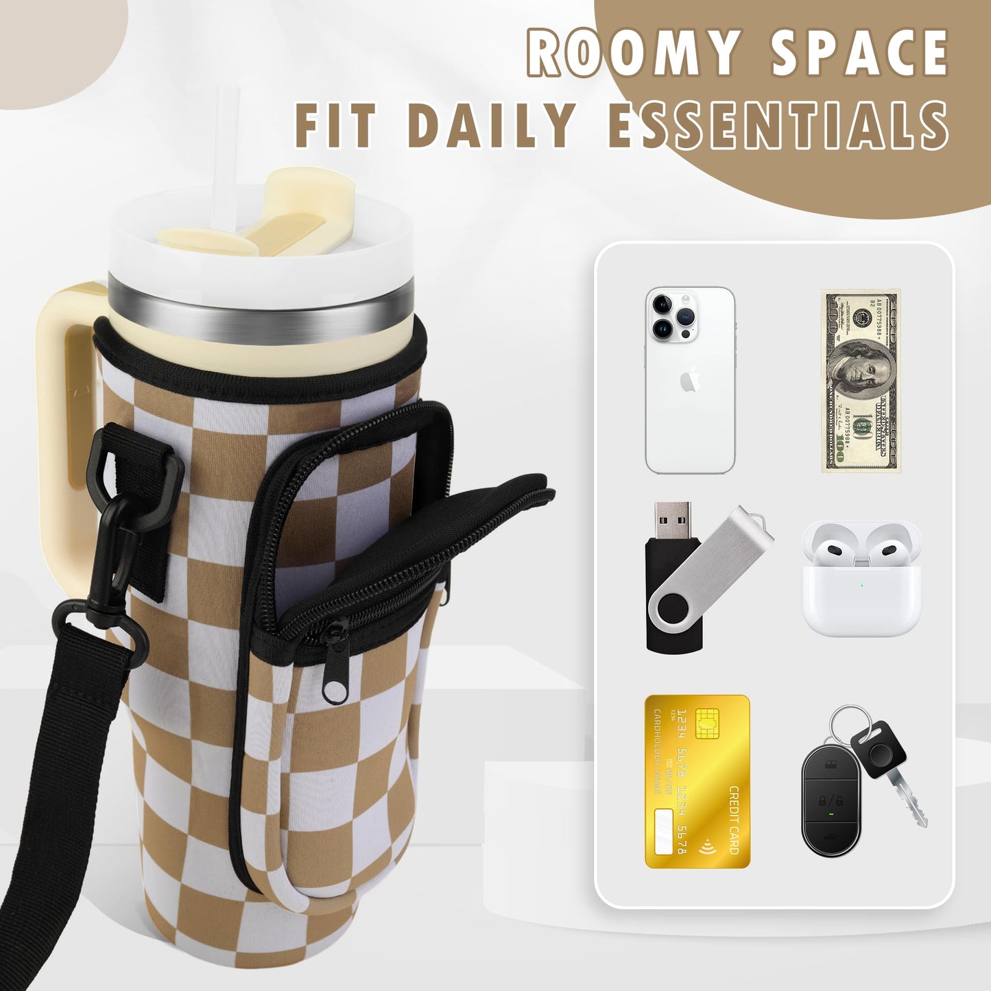 Water Bottle Carrier Bag with Strap for Stanley Cup 40oz Tumbler with Phone Pocket, Keychain Accessories for Stanley Cup Handle, Women Personalized Accessories for Stanley Cup
