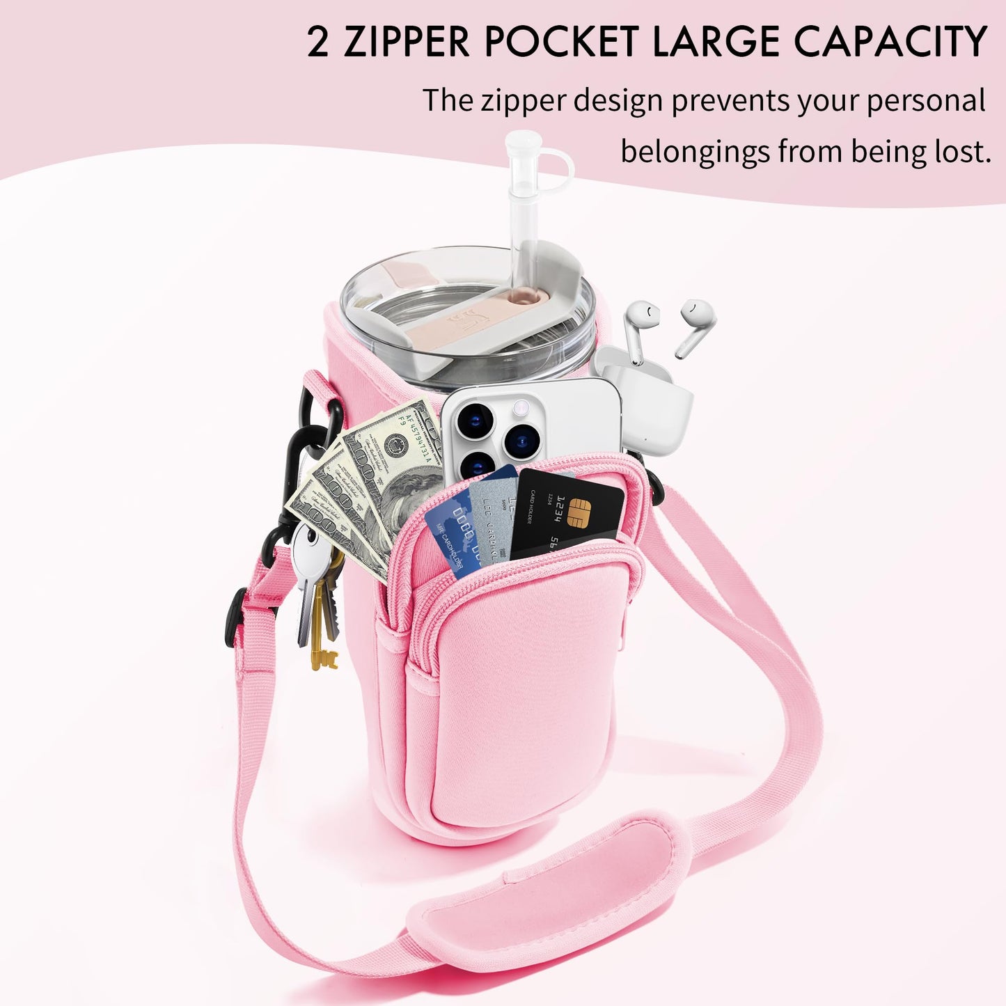 JEBEALUO Water Bottle Carrier Bag with Phone Pocket for Stanley Cup 40/30 oz, Water Bottle Holder with Adjustable Strap& Straw Cover, Stanley Cup Accessories (Pink)