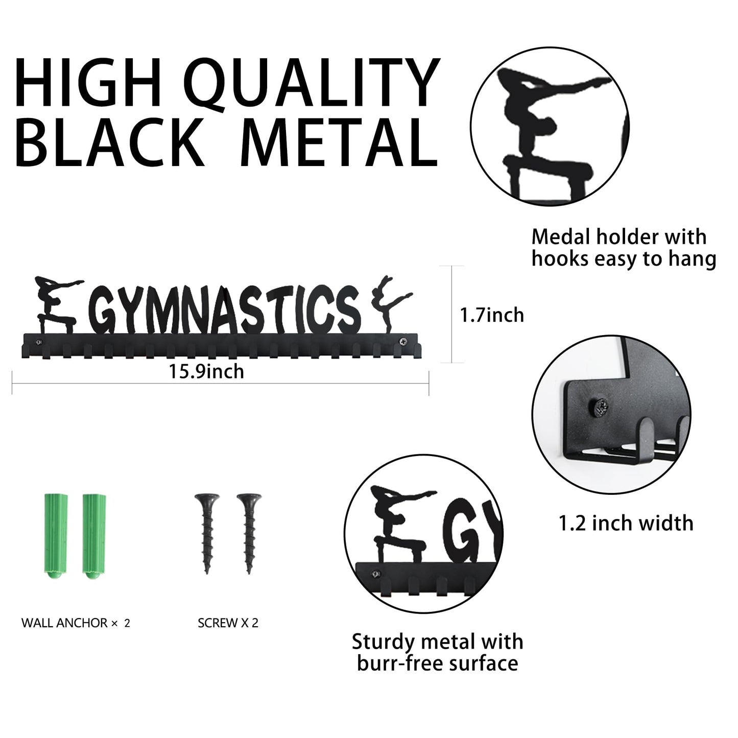 Goutoports Medal Wall Hanger Display - Gymnastics Girls - Award Plaques Rack for Sports - Black Steel Metal Holder With 20 Hooks Hold Up 60 Medals Easy to Install