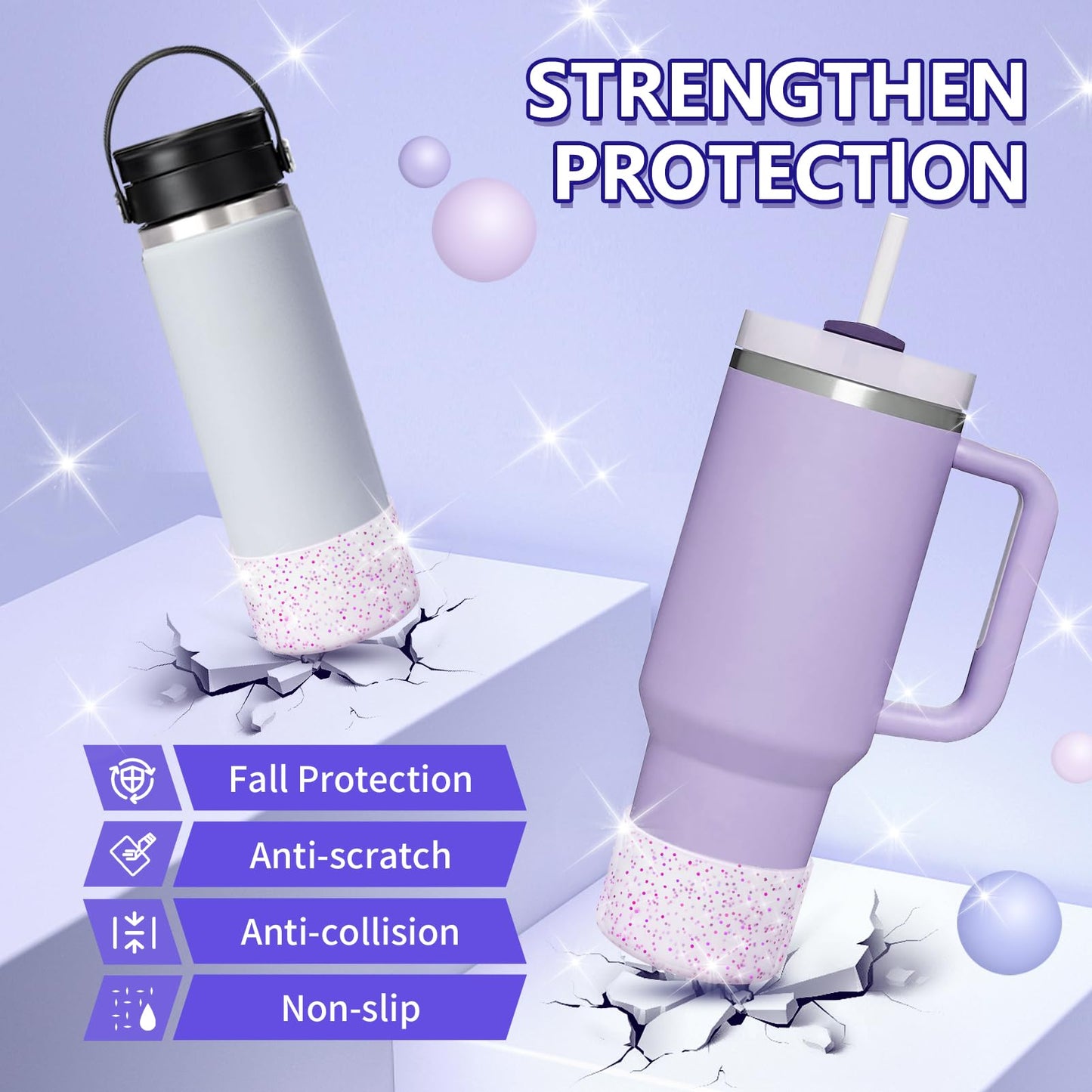 WUQID 2 Pack Bling Silicone Boot for Stanley Quencher Adventure 40oz & Stanley IceFlow 20oz 30oz, Reduces Dents Protective Silicone Water Bottle Bottom Cover Sleeve Compatible with Stanley Tumbler
