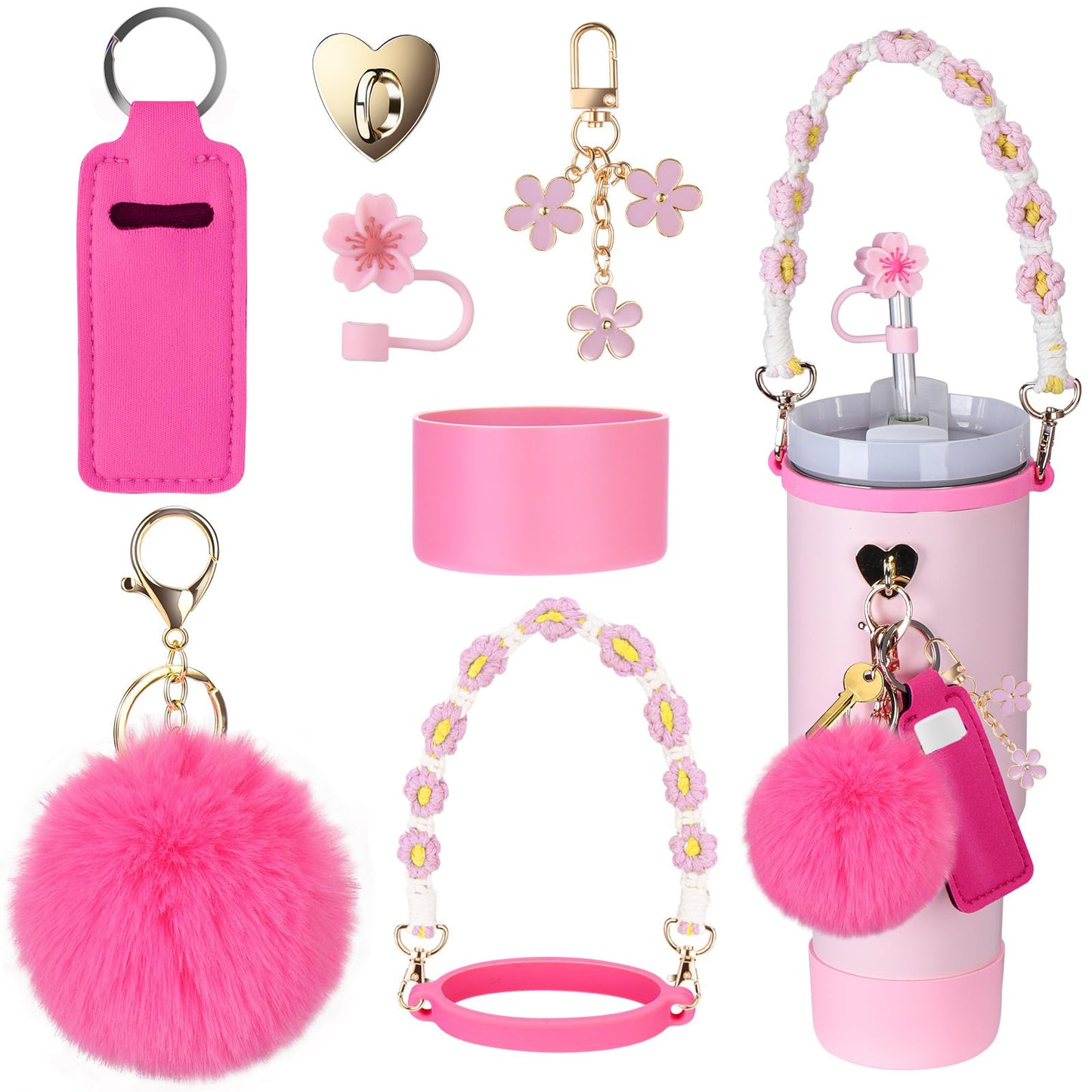 Mity rain Cup Accessories for Stanley Cup 30oz 40oz Tumbler with Handle, Including Water Bottle Handle Strap, Chapstick Holder, Boot, Keychain Charms, Straw Topper Cover Cap for Stanley (Pink)