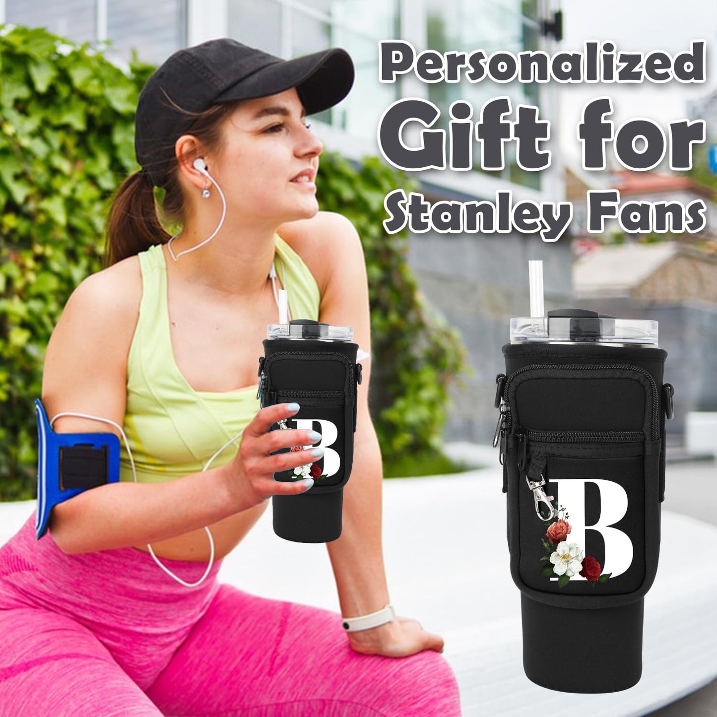 Water Bottle Carrier Bag with Strap Pouch for Stanley 40 oz Tumbler Cup Accessories, Neoprene Water Bottle Holder Phone Pocket Personalized Initial A-Z Flower Design Mother's Day Gift (B, Black)