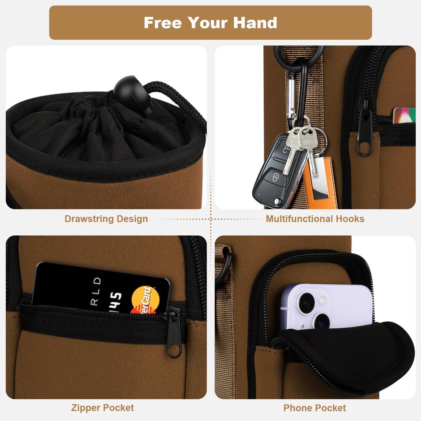 Bstge Water Bottle Holder with Strap, Water Bottle Carrier Bag with Phone Pocket, Shoulder Hand Strap Insulated Neoprene 32 oz Water Bottle Sleeve for Walking Hiking Camping Gym(Coffee)