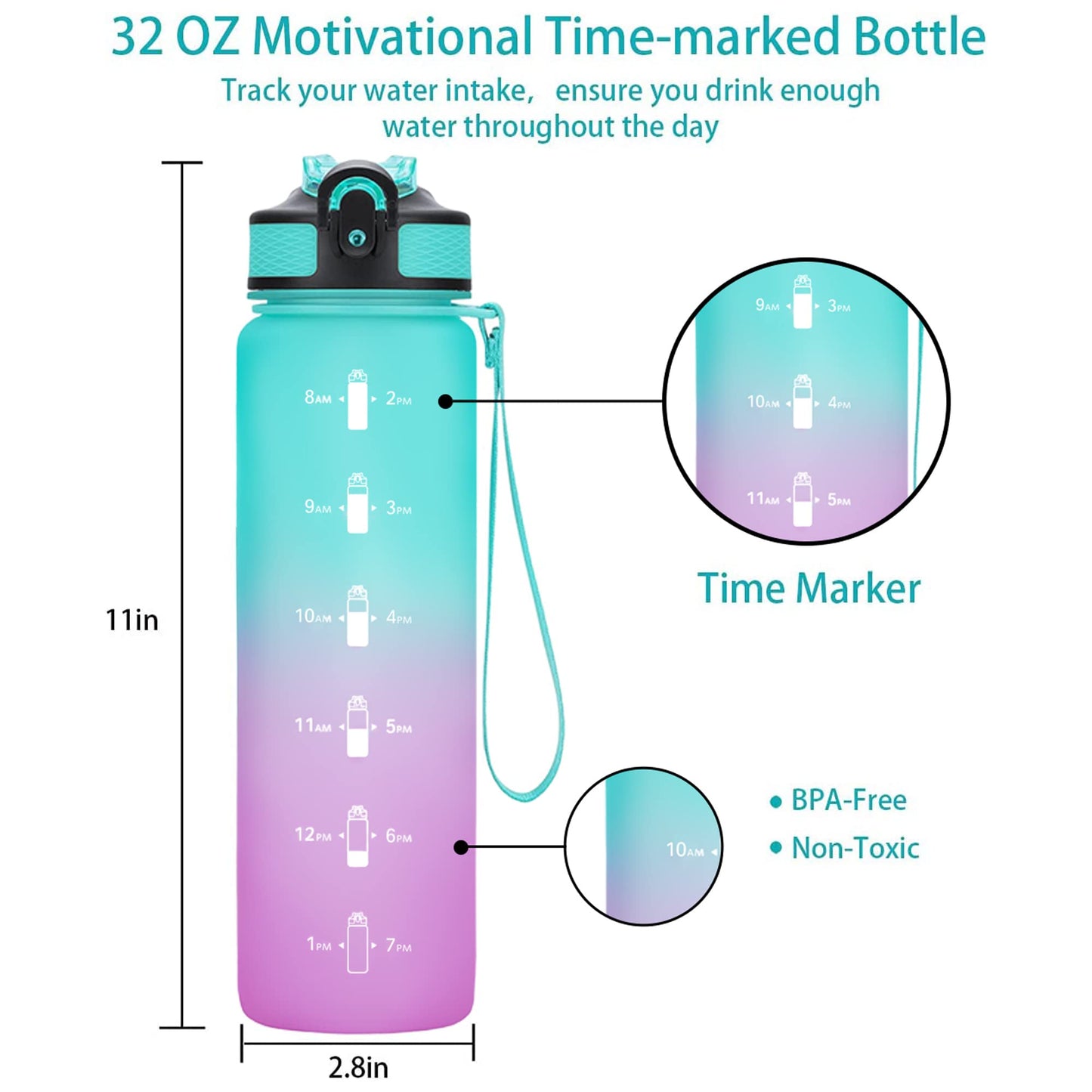 EYQ 32 oz Water Bottle with Time Marker, Carry Strap, Leak-Proof Tritan BPA-Free, Ensure You Drink Enough Water for Fitness, Gym, Camping, Outdoor Sports(Green/Purple Gradient)