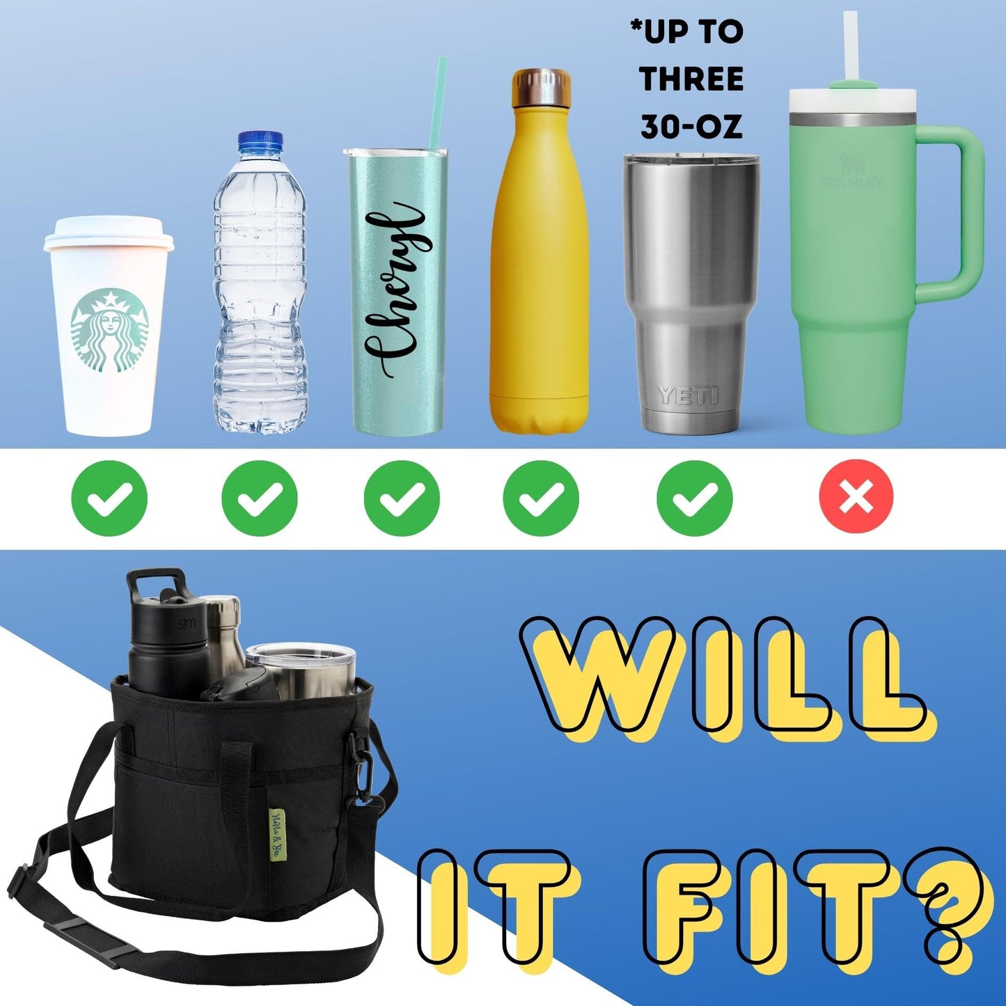 NoNa & Bee 4 Water Bottle Holder with Strap | Family Size 4 Compartment Drink Bag, Multiple Tumbler Carrier Caddy | Adjustable Fits Large & Small Drinks | Hands Free, Won't Tip Over in Car (Black)