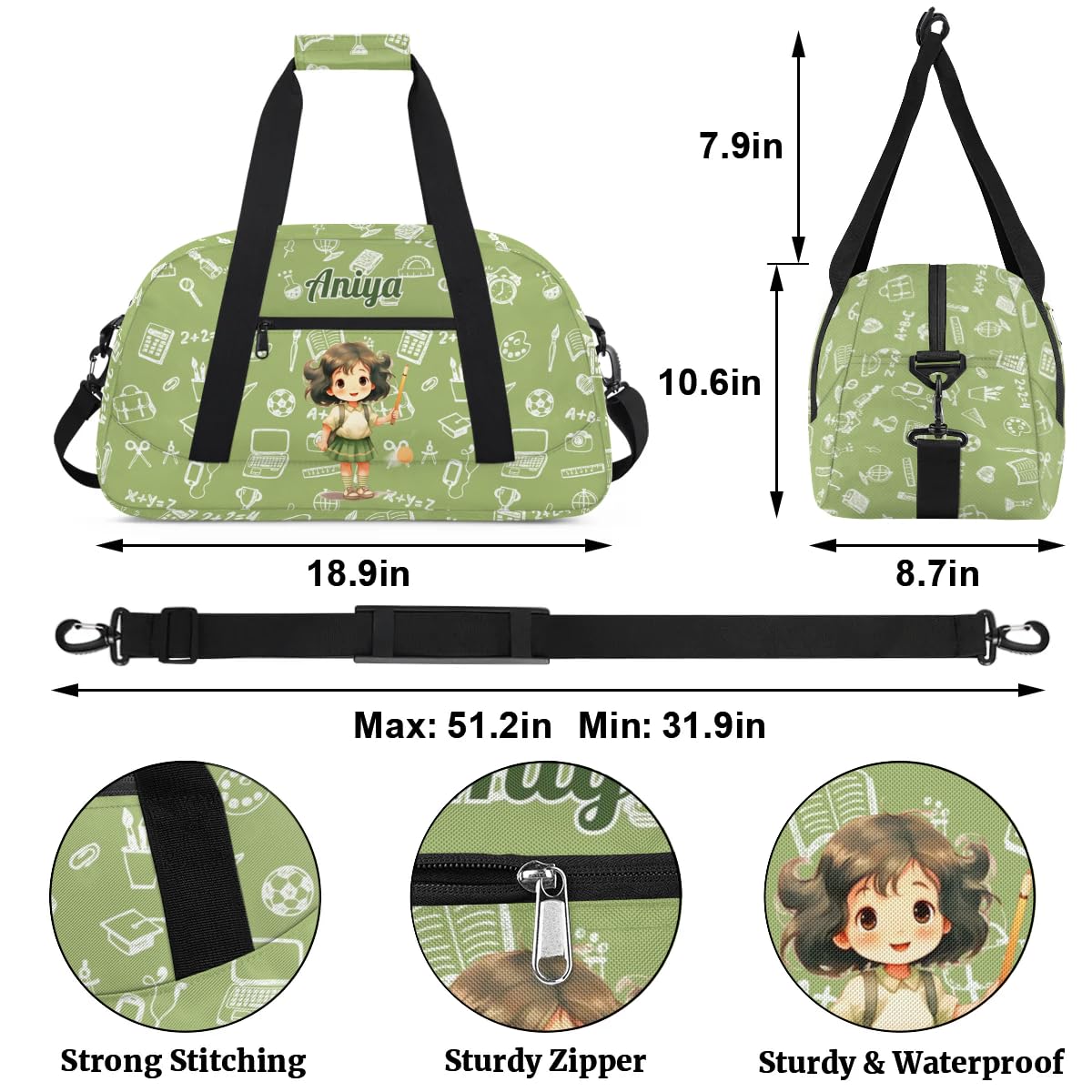 Personalized Gym Bag for Kids Girls, Cartoon Girl Pencil Custom Small Duffel Bag with Padded Handles Carry On Weekend Travel Bag for School Practice Ball Games