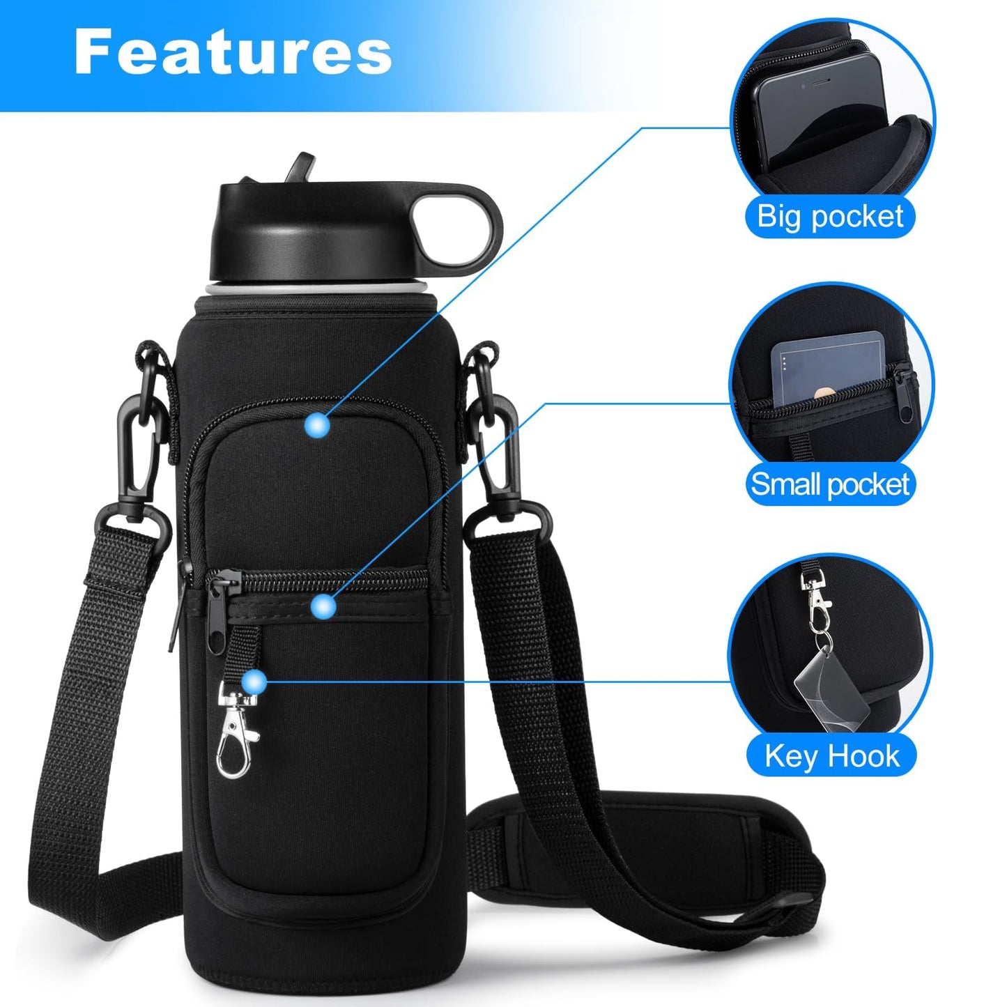 RRegeny Water Bottle Holder with Strap for Hydroflask 32oz 40oz Insulated Water Bottle, Carrier Sling Bag with Phone Pocket Water Bottle Sleeve for Men Women Hiking Camping Travelling