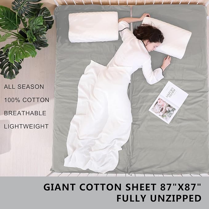 100% Cotton Sleeping Bag Liner with Full Length Zipper on 3 Sides; Single/Double Adult Sleep Sack for Travel & Camping, Multifunctional Travel Sheets (Unzipped 87”x87”) for Hotel, Lightweight