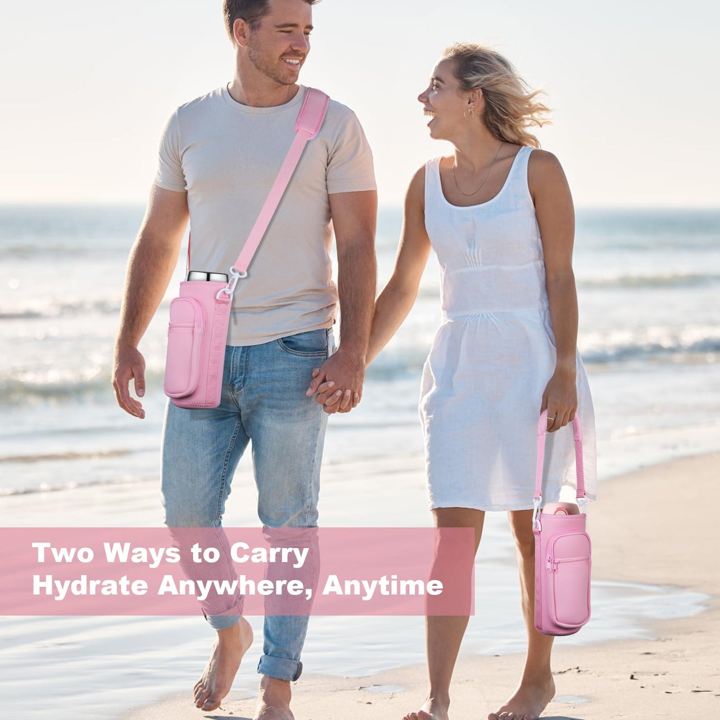 Bstge Water Bottle Holder with Strap, Water Bottle Carrier Bag with Phone Pocket, Shoulder Hand Strap Insulated Neoprene 32 oz Water Bottle Sleeve for Walking Hiking Camping Gym(Pink)