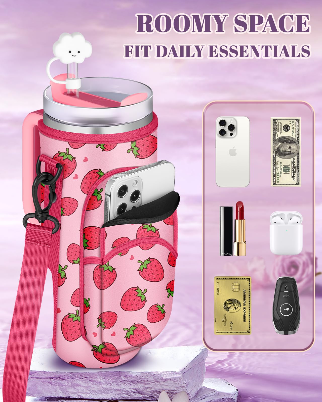 Toykee Water Bottle Holder Carrier Bag for Stanley 40 OZ Tumbler with Strap Phone Pocket, Wrap Around Drink Cup Purse Pouch with Straw Cover Cleaner Brush Accessories Strawberry Print