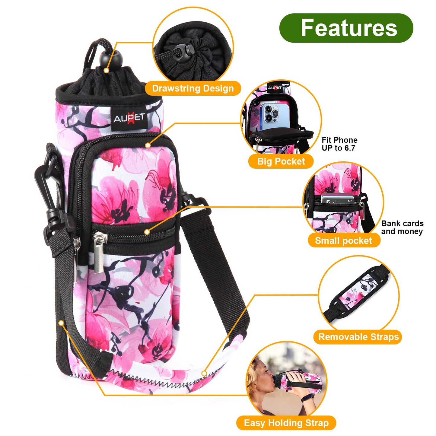 AUPET Water Bottle Sling Bag Sleeve Holder Carrier 25/32/40/64 oz,Insulated Crossbody Water Bottle Case Cover with Strap and Pockets for Men/Women Walking Hiking Camping (25oz, pink flower)