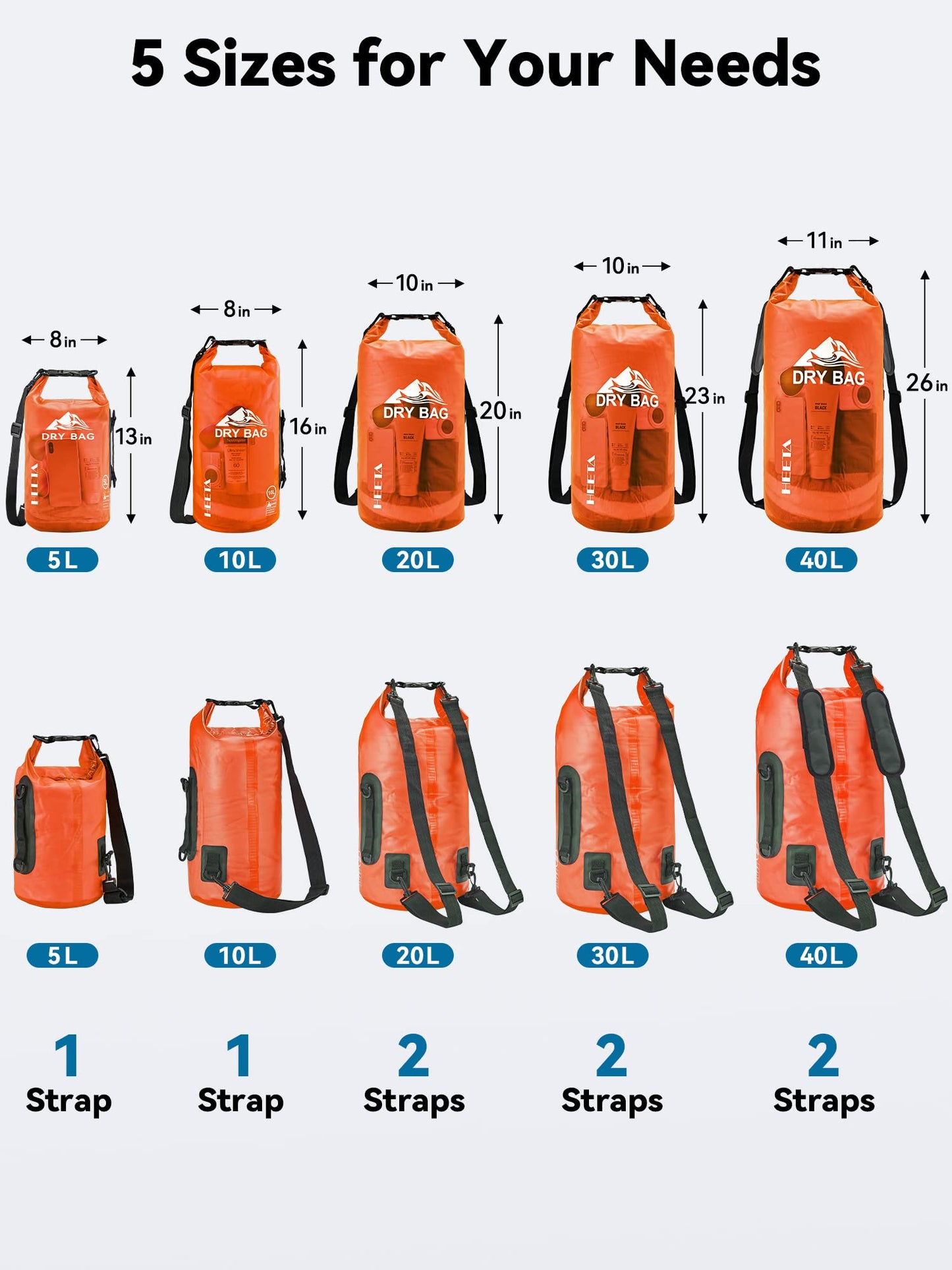 HEETA Waterproof Dry Bag for Women Men, Roll Top Lightweight Dry Storage Bag Backpack with Phone Case for Travel, Swimming, Boating, Kayaking, Camping and Beach, Transparent Orange 5L
