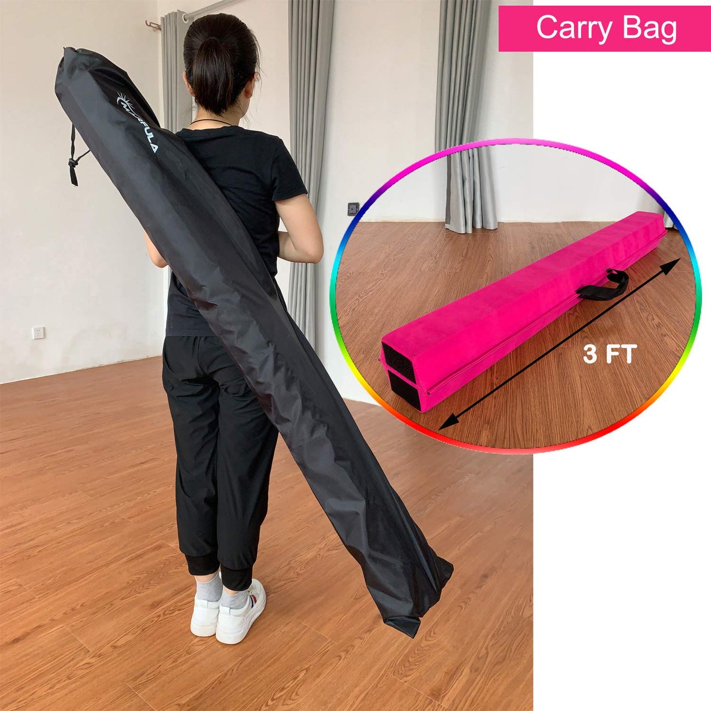 Marfula 6 FT / 8 FT / 9 FT Gymnastics Balance Beam Foam Folding Floor Balance Beam - Extra Firm - Suede Cover - Anti Slip Bottom with Carry Bag for Kids/Adults Home Use (Pink, 6 FT)