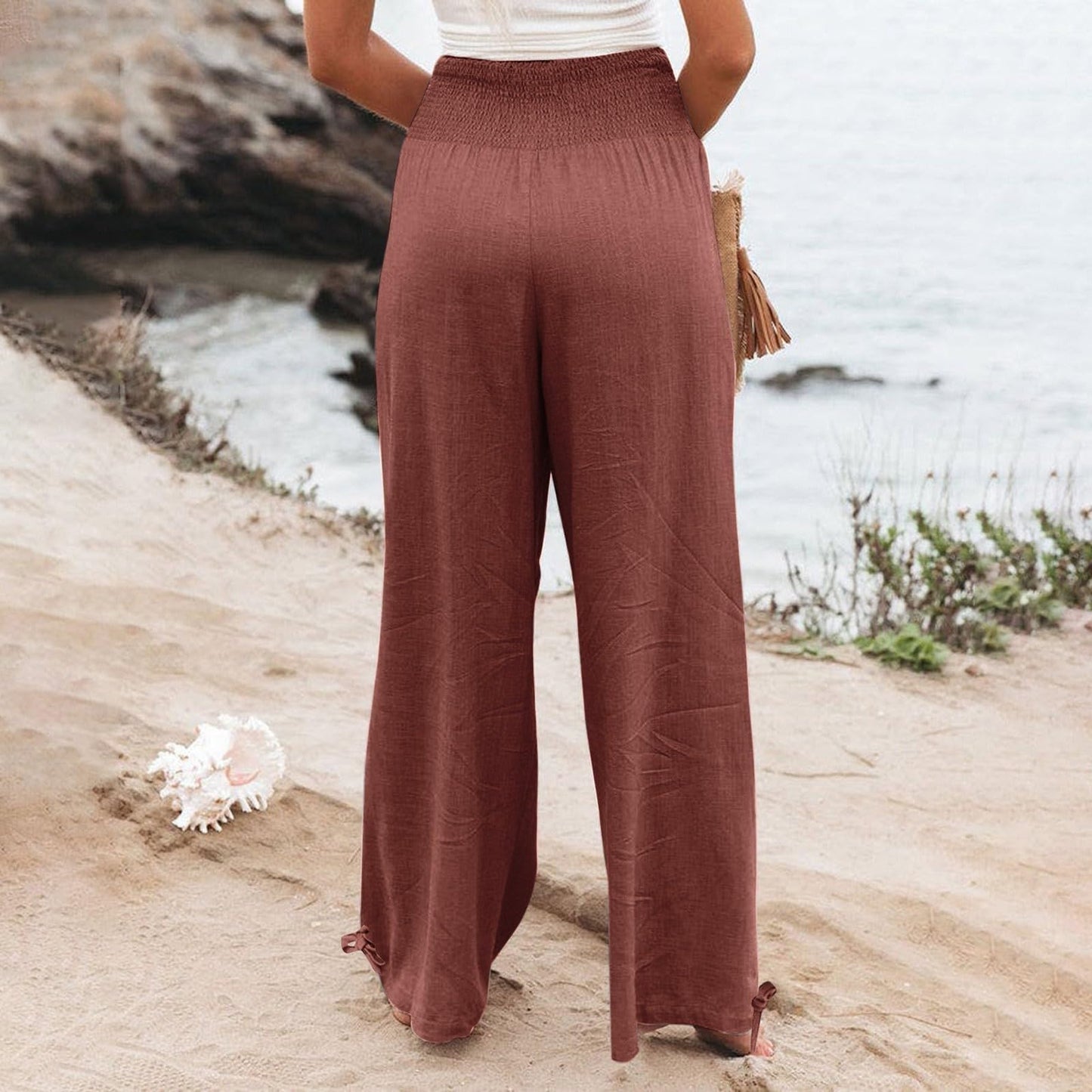 Hesxuno Linen Pants Women Wide Leg Yoga Pants Summer Lightweight Palazzo Pants Summer Flowy Lounge Pants Casual Loose Comfy Pants Casual Long Pants Soft Beach Pants Baggy Trousers with Pockets