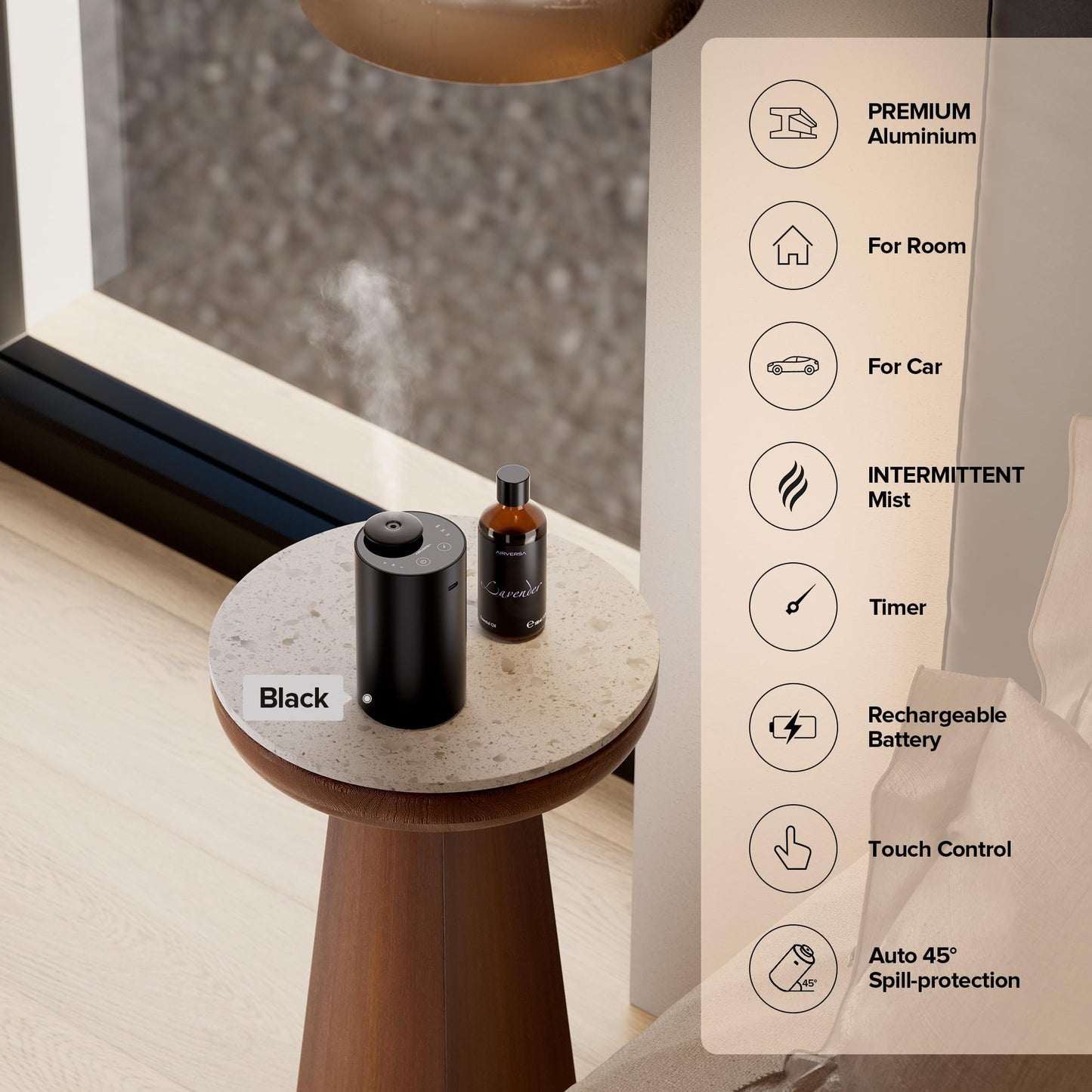 Airversa Waterless Essential Oil Diffuser for Home Aromatherapy Scent Diffusers with 3 Countdown Timer Settings or Timer-Off, 3 Mist Levels for Car Room Studio Office, ANX Premium Metal Black