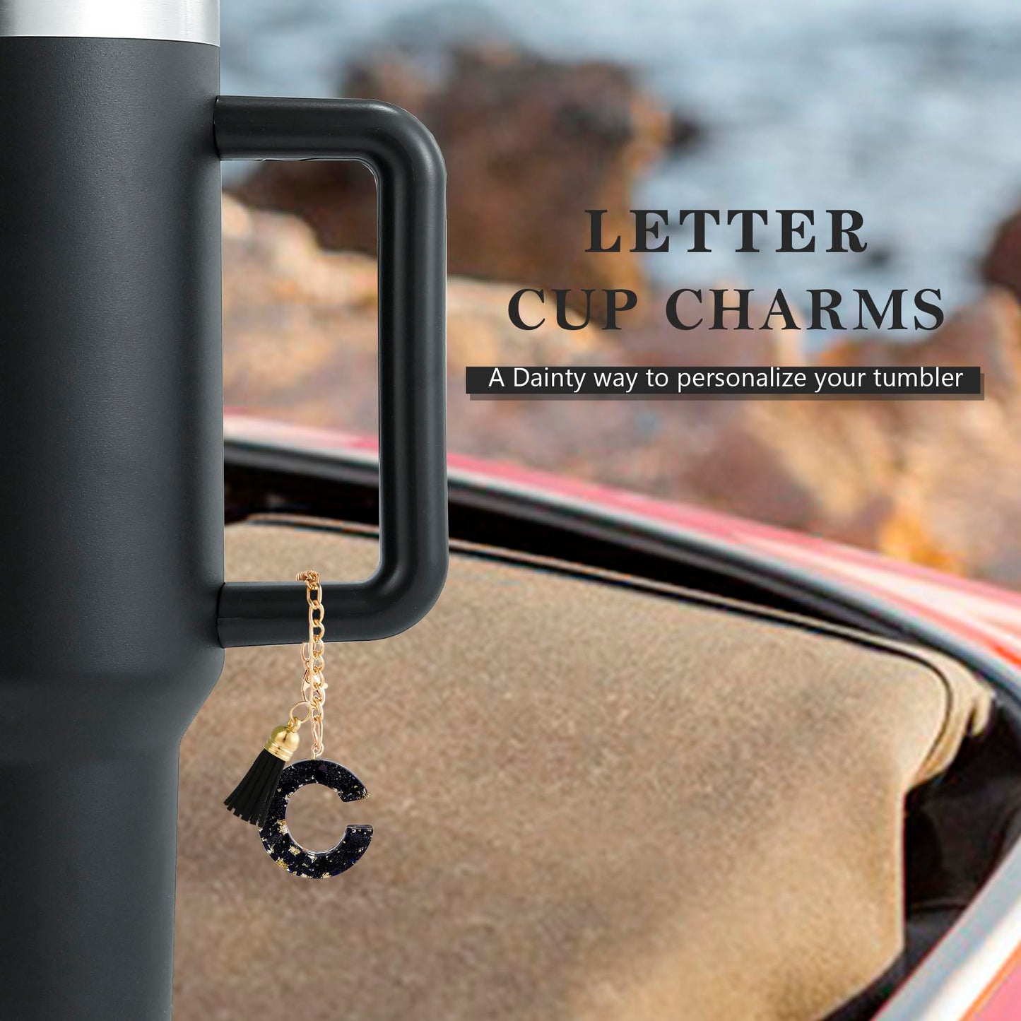Letter Charm Accessories for Stanley Cup 1 PCS Cute Initial Keychain Handle Charm for Stanley Tumbler for Women Black Letter C