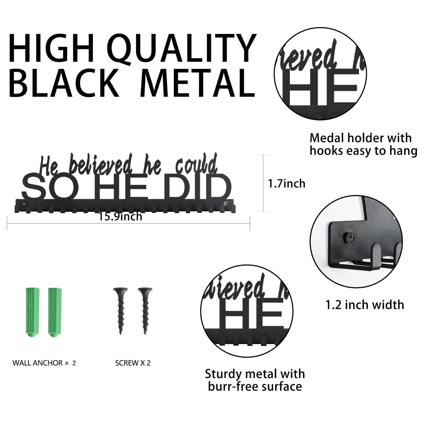 Goutoports Medal Holder Display Hanger - He Believed He Could He Did - Personalized Medal Wall Hanger for Sport Race Runner Sturdy Black Steel Metal Over 60 Medals Easy to Install