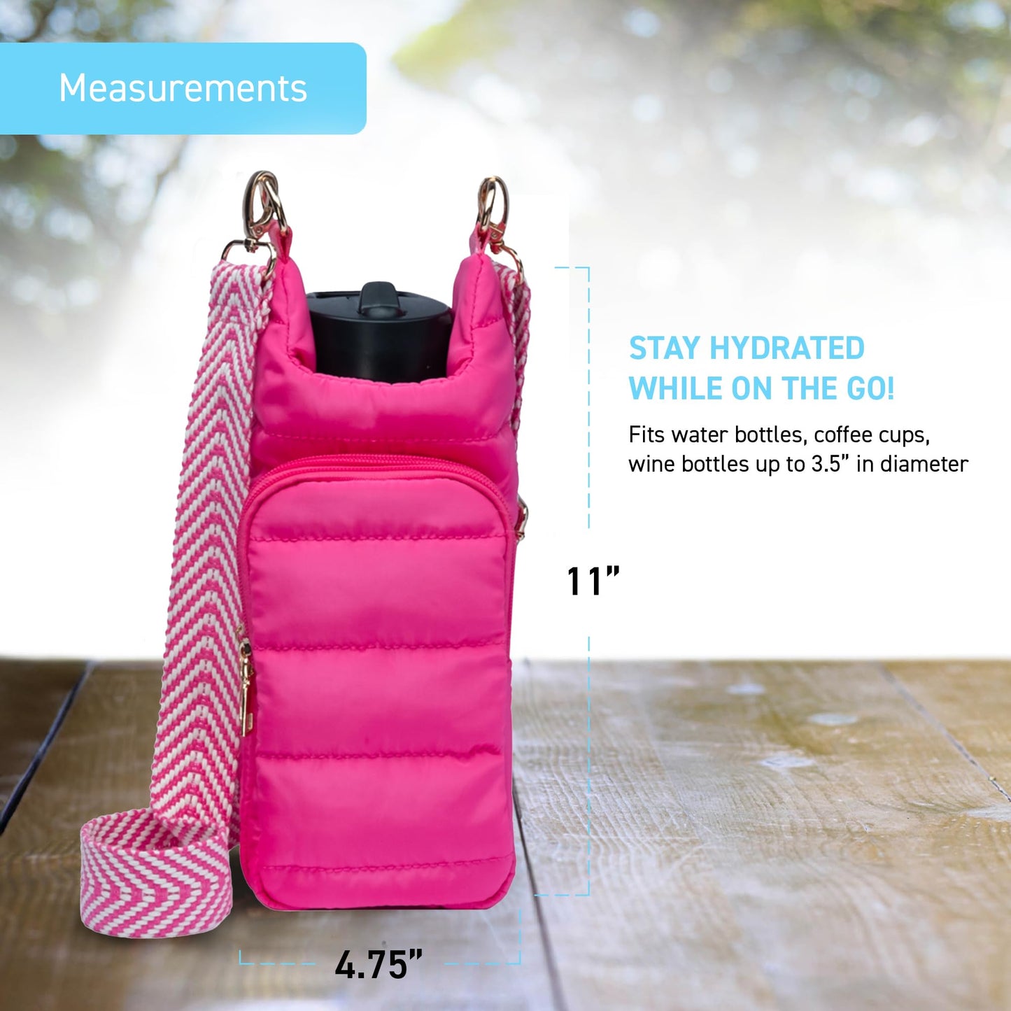 WanderFull Original Crossbody HydroBag | Quilted Water Bottle Carrier | Puffer Tote Tumbler Holder with Pockets for Purse, Phone & Accessories | Carry Travel Essentials (Pink/Patterned Strap)