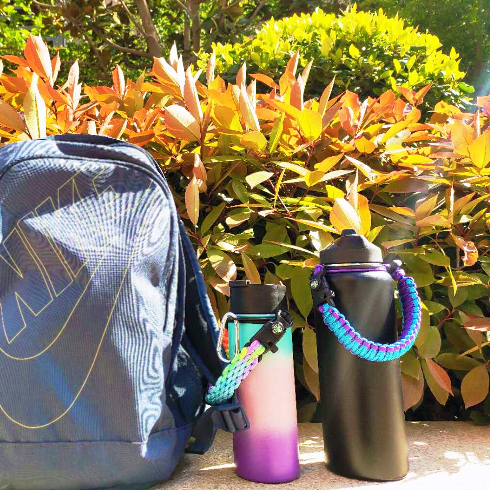 Paracord Handle - Fits Wide Mouth Bottles 12oz to 64oz - Durable Carrier, Paracord Carrier Strap Cord with Safety Ring,Compass and Carabiner - Ideal Water Bottle Handle Strap (Hawaiian Rainbow)