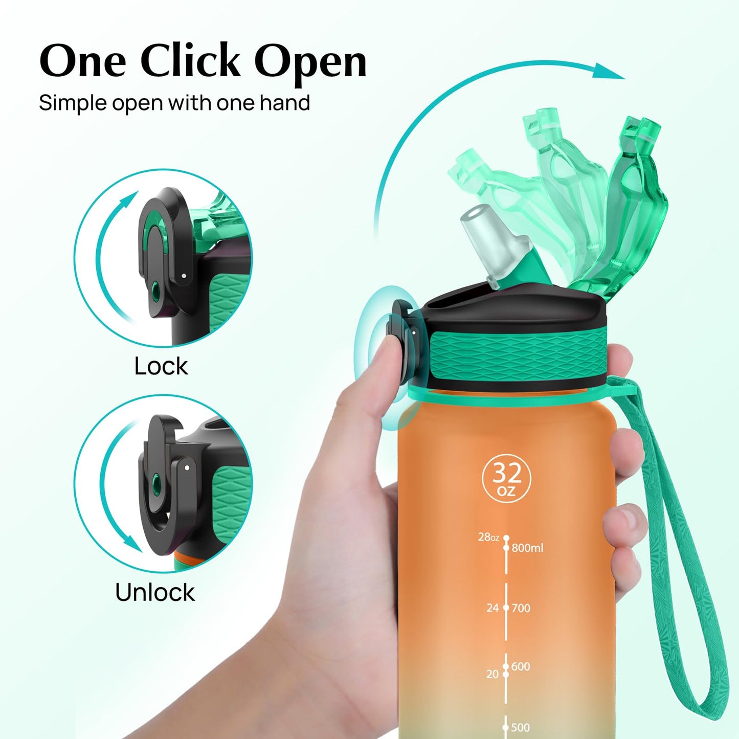 EYQ 32 oz Water Bottle with Time Marker, Carry Strap, Leak-Proof Tritan BPA-Free, Ensure You Drink Enough Water for Fitness, Gym, Camping, Outdoor Sports (Orange/Green Gradient)