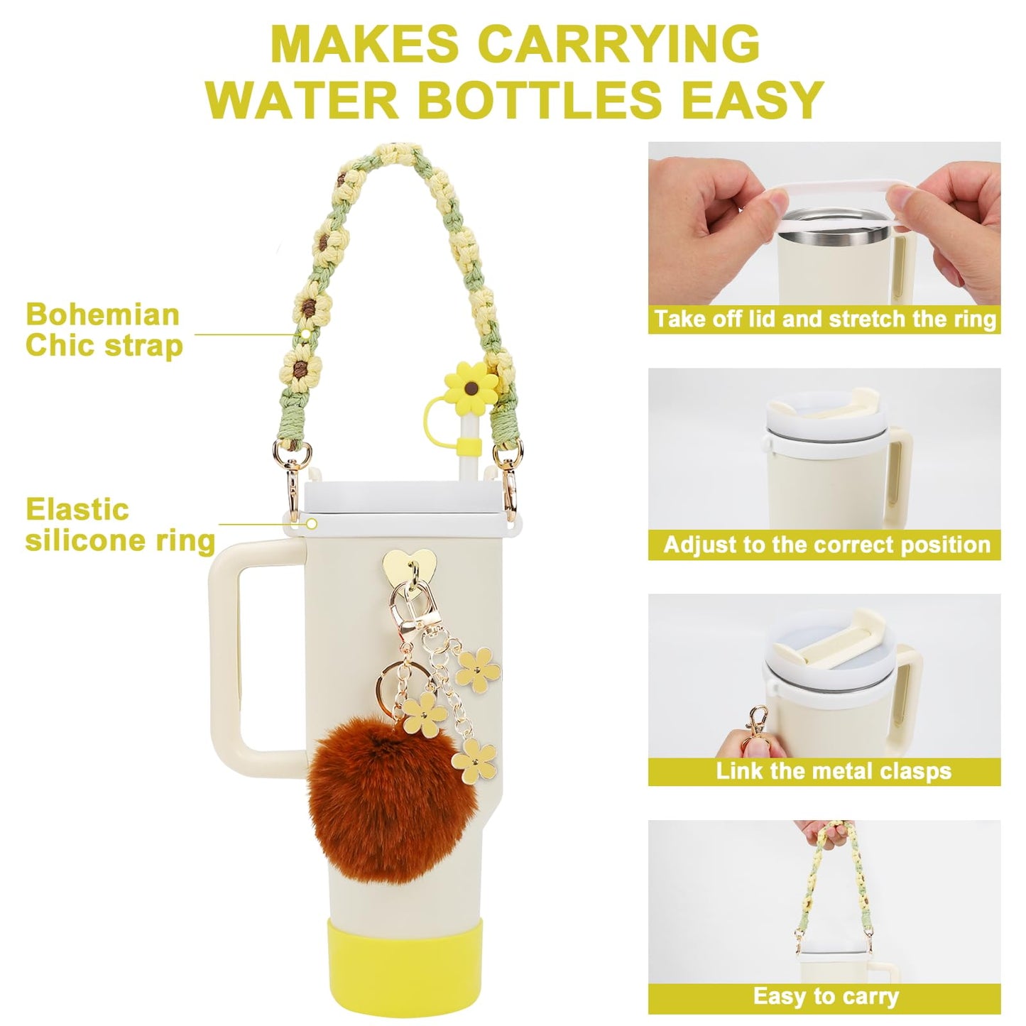 Stanley Cup Accessories Set Including 1 Pcs Water Bottle Handle Strap, 1 Pcs Siliocne Stanley Cup Boot, 1 Pcs Siliocne Straw Cover, 2 Pcs Stanley Charms for Stanley Cup 40oz & 30oz Tumbler
