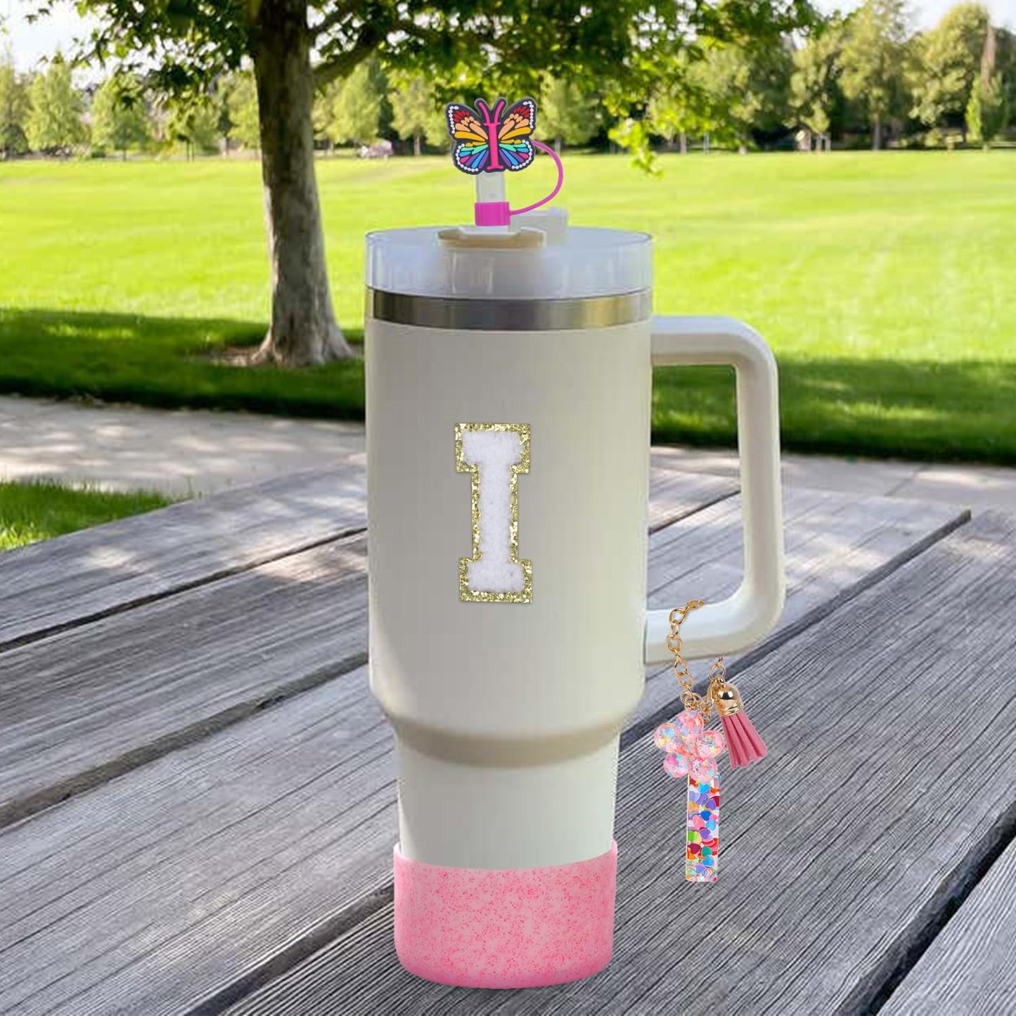 LA KEN DU Use for Stanley Cup Accessories Charms 40oz 30oz,Compatible with Stanley Cup Letter Charms for Handle Silicone Boot,Straw Cover Topper & Sticker(I)