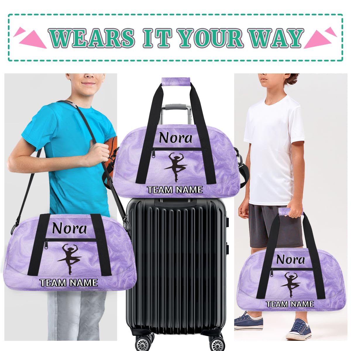 Voloreju Personalized Dance Gym Bag Cheer Bags for Girls Customize Travel Duffle Bag Foldable Sports Bag Kids Ballet Bag
