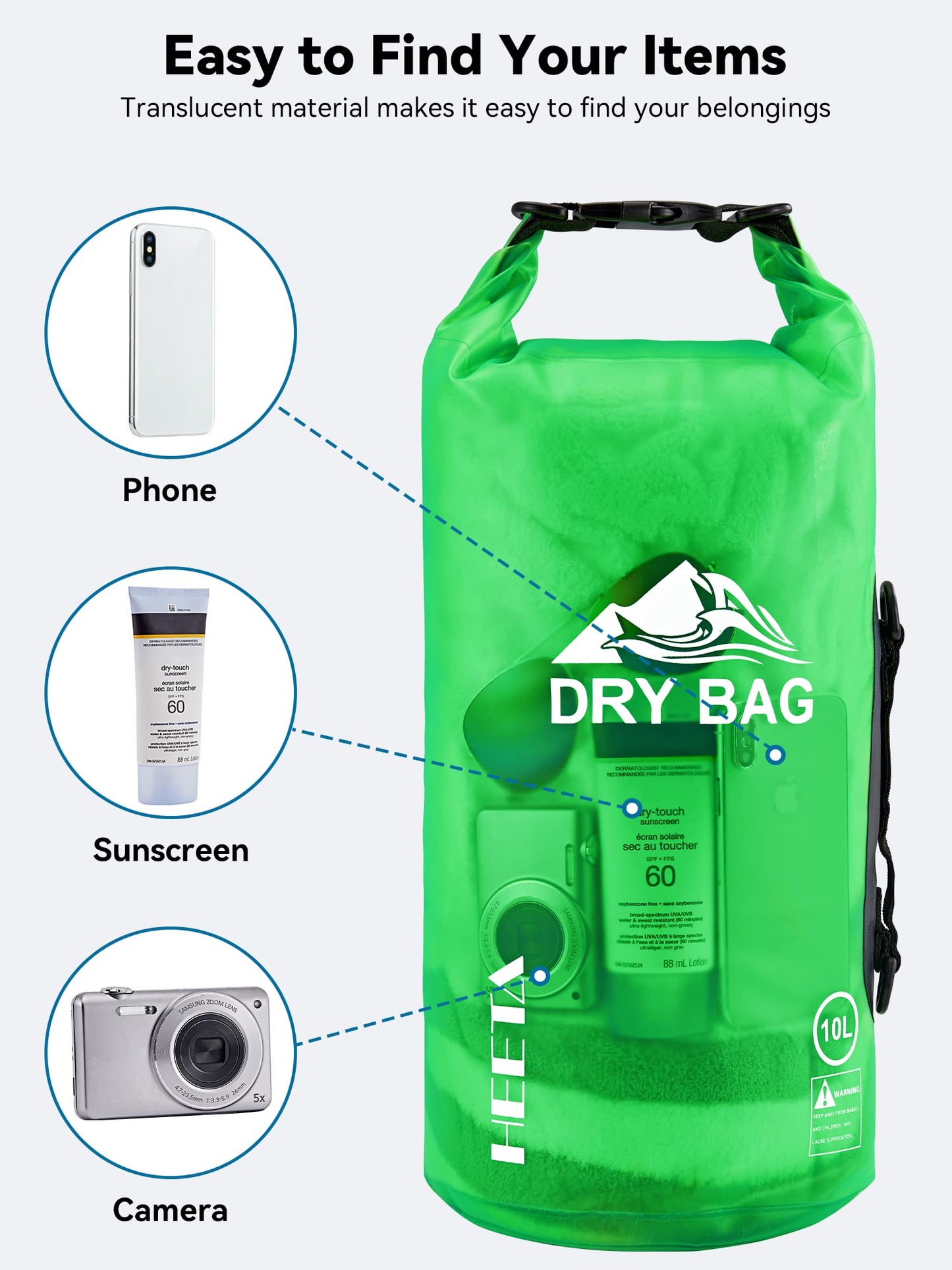 HEETA Waterproof Dry Bag for Women Men, Roll Top Lightweight Dry Storage Bag Backpack with Phone Case for Travel, Swimming, Boating, Kayaking, Camping and Beach, Transparent Green 5L