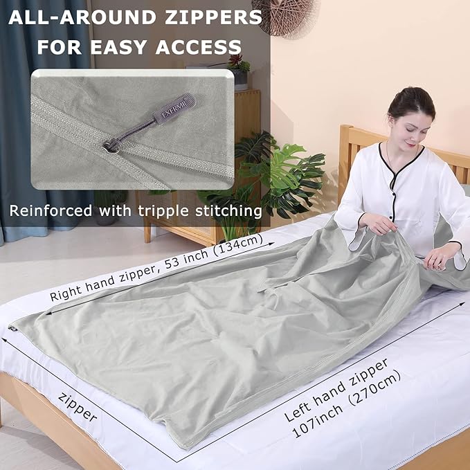 100% Cotton Sleeping Bag Liner with Full Length Zipper on 3 Sides; Single/Double Adult Sleep Sack for Travel & Camping, Multifunctional Travel Sheets (Unzipped 87”x87”) for Hotel, Lightweight