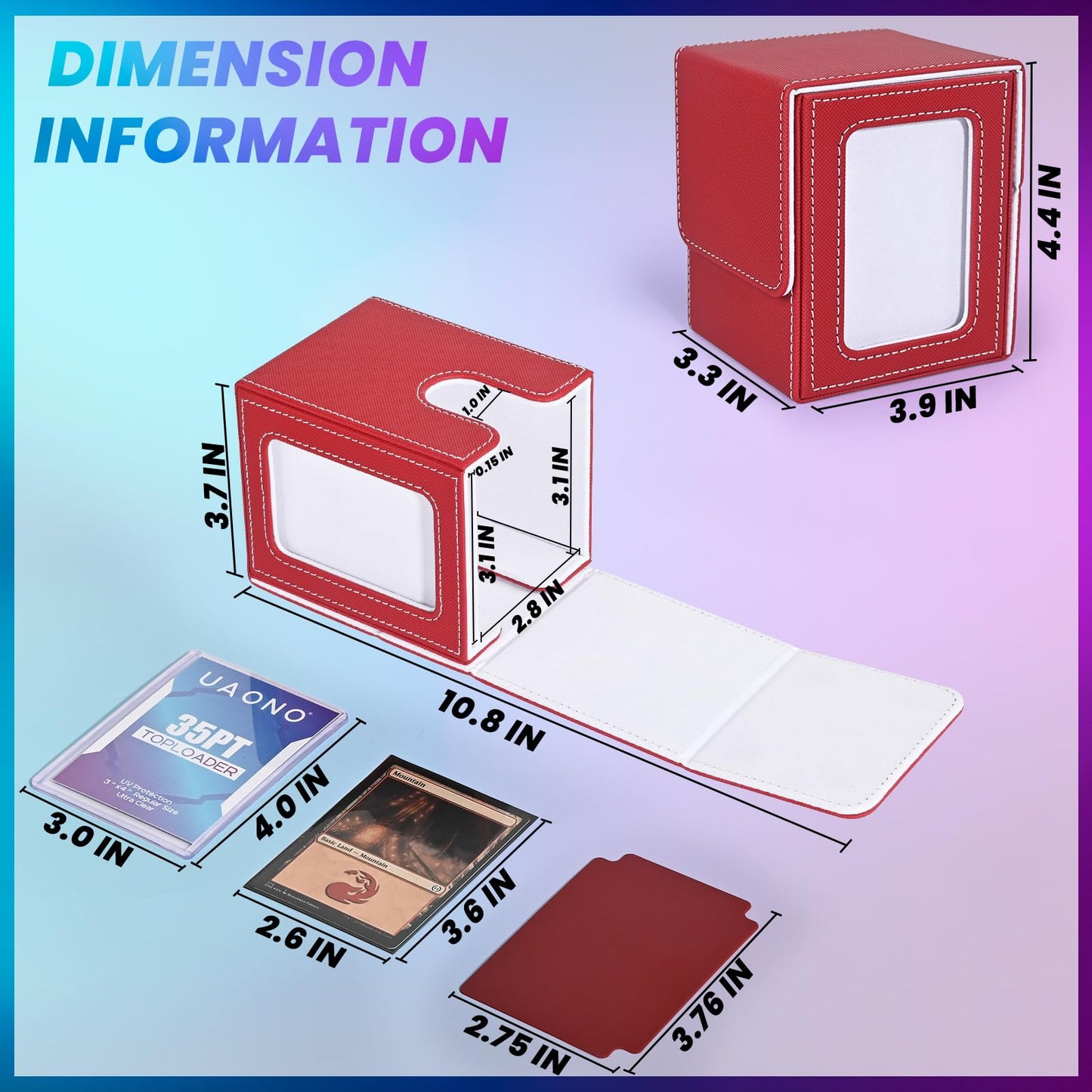 UAONO Card Deck Box with MTG Commander Display, Patented Design Card Deck Case Holds 100+ Double-Sleeved Cards, PU Leather Cards Storage Box For TCG with 2 Dividers, 1 Toploader (Red&White)