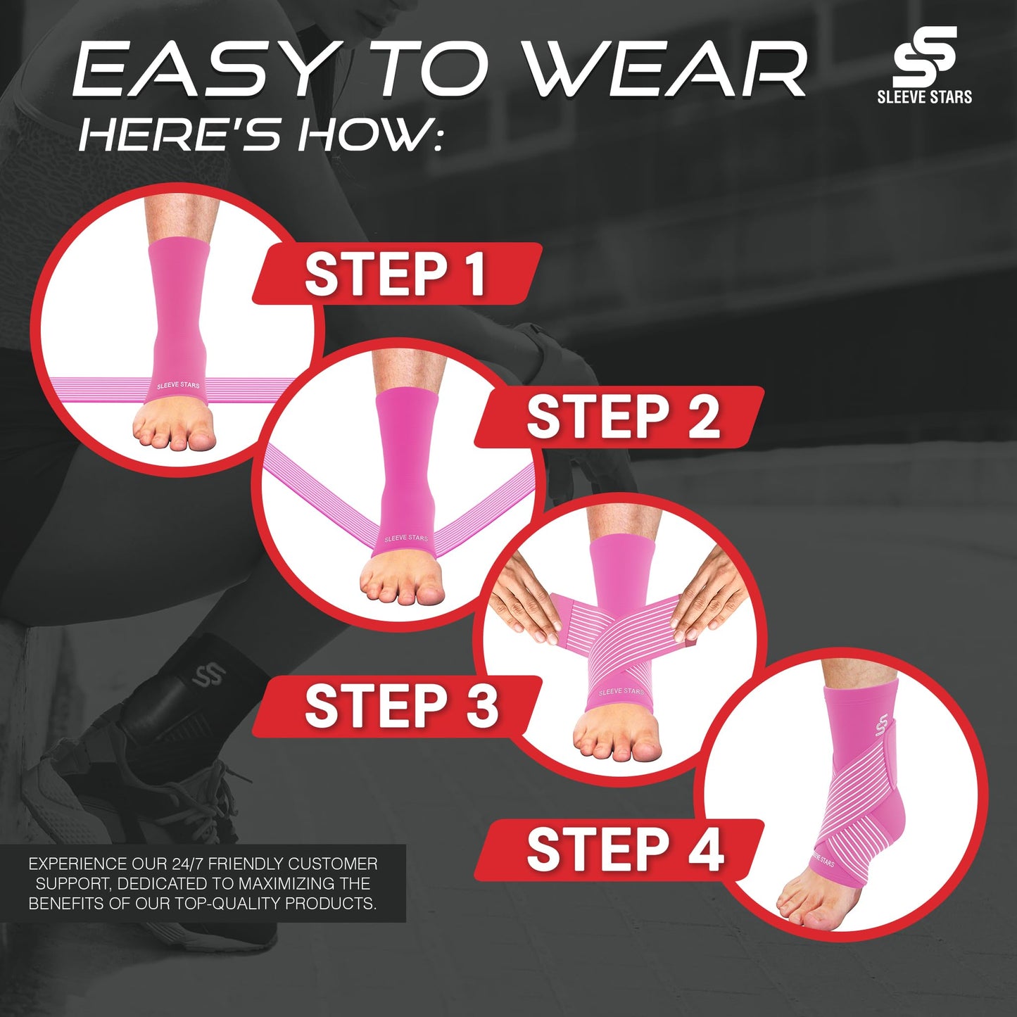 Sleeve Stars Ankle Brace for Sprained Ankle, Plantar Fasciitis Relief Achilles Tendonitis Brace, Ankle Support for Women & Men with Strap, Heel Protector Wrap for Pain & Compression (Single/Hot Pink)