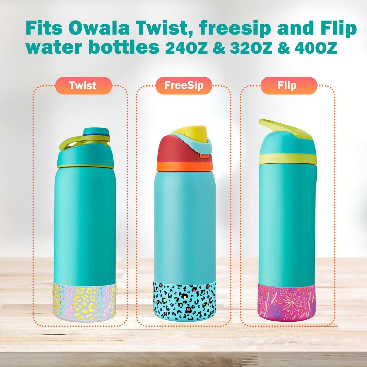 WK IEASON 2Pcs Silicone Water Bottle Boot for Owala 24oz, Protective Flask Bottom Cover Base for Owala FreeSip Twist and Flip Flask Bottles (Floral print Clear/fog, 24OZ)