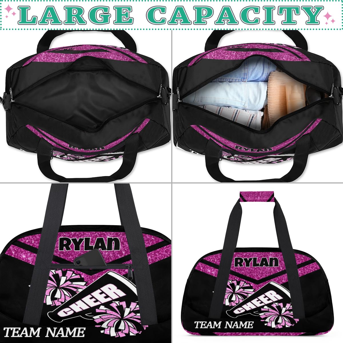 Voloreju Personalized Name Glitter Cheer Bags for Girls Boy Customize Travel Duffle Bag Foldable Sports Bag Kids Gym Bag