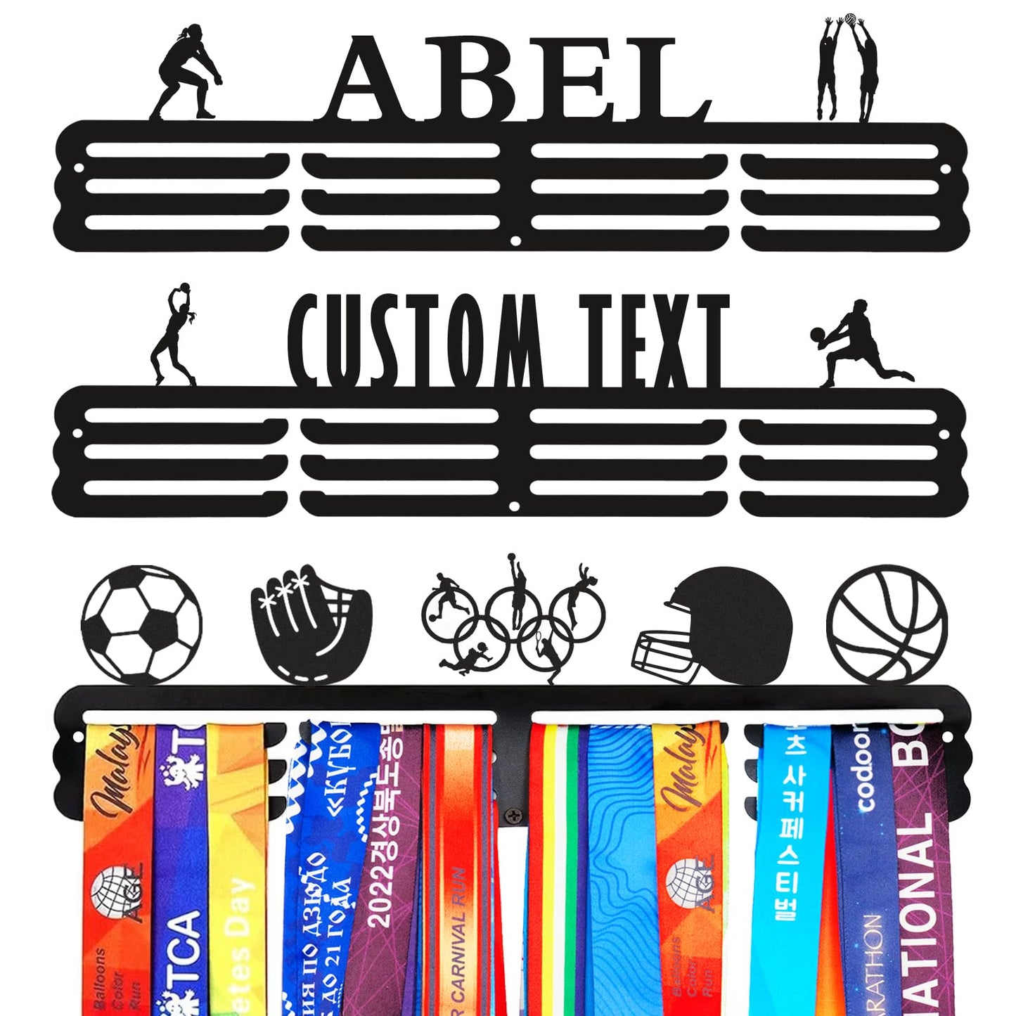 Personalized Medal Hanger with Name Multi Sport Race Medal Holder Display Rack for Awards Ribbons - Easy to Install Custom Metal Holder - Holds Up to 60 Medals - Shoulder Bag Hanger Towel Rack