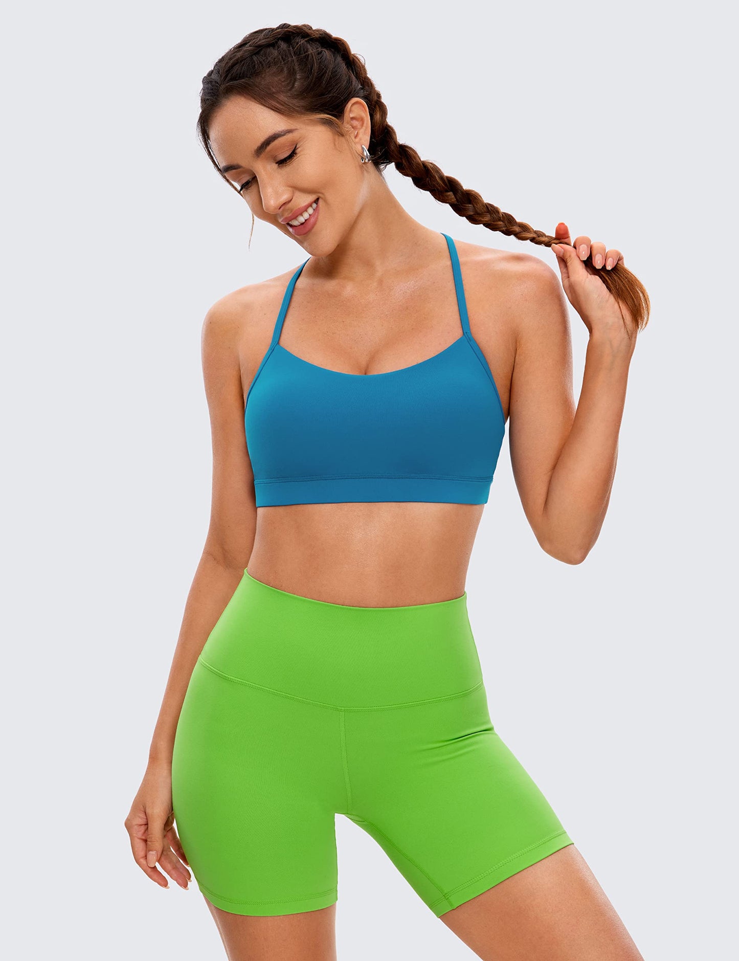 CRZ YOGA Butterluxe Womens Y Back Sports Bra - Padded Racerback Low impact Spaghetti Thin Strap Workout Yoga Bra Super-sonic Blue X-Small